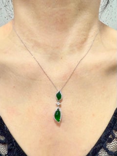 Important Certified Imperial Green Jade & Diamond Pendant Necklace. Super Glow!