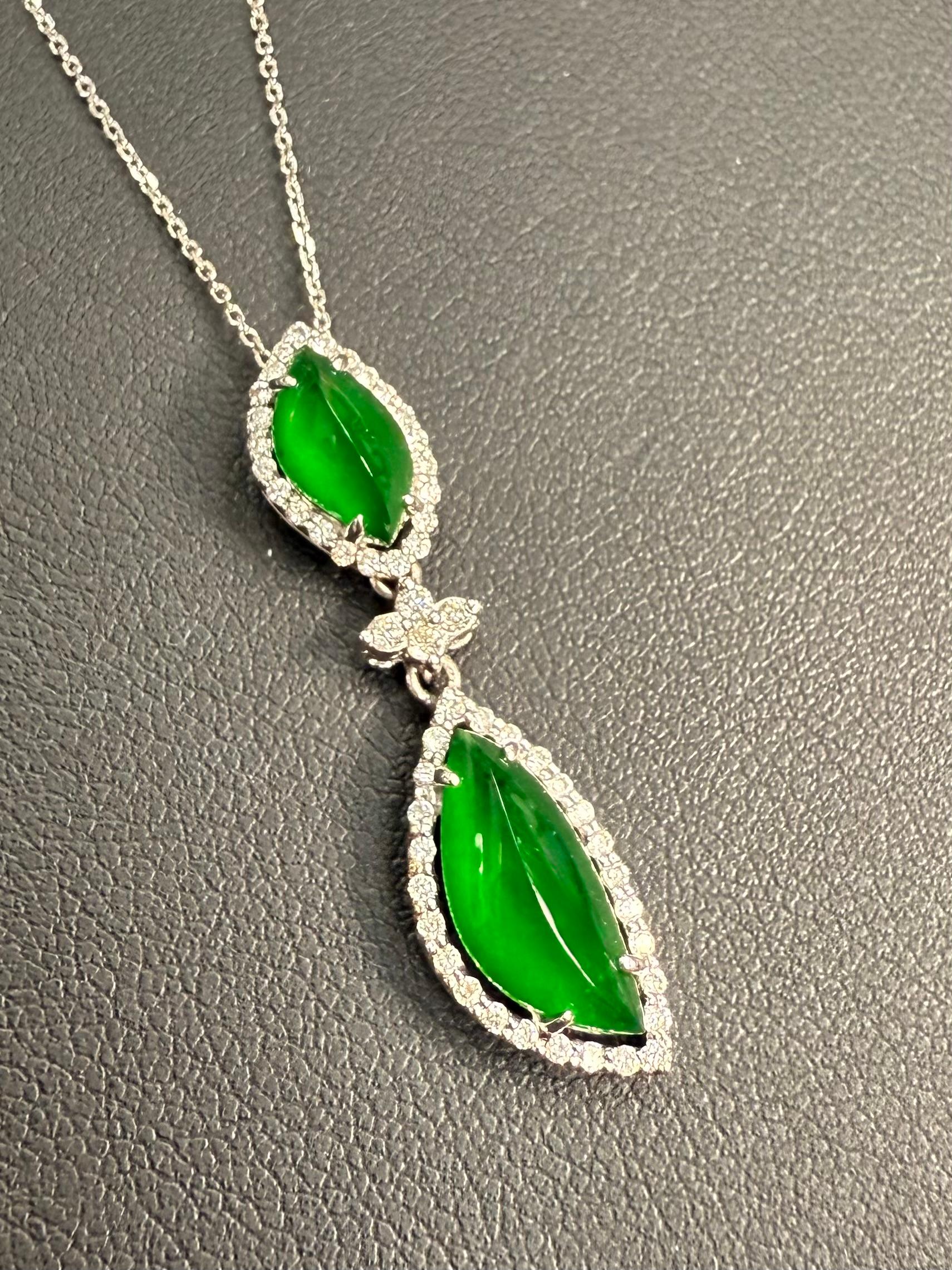 Rough Cut Important Certified Imperial Green Jade & Diamond Pendant Necklace. Super Glow! For Sale