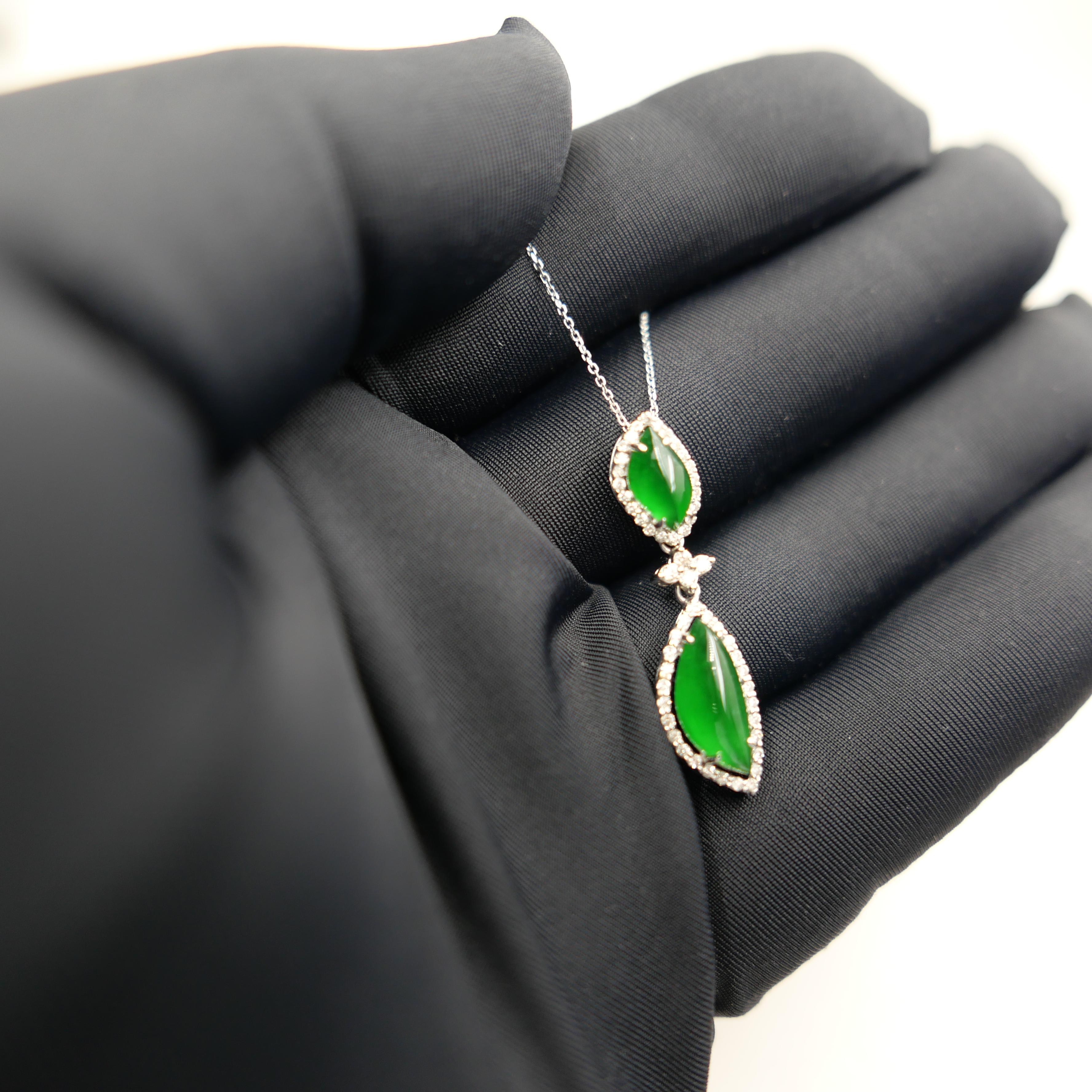 Women's Important Certified Imperial Green Jade & Diamond Pendant Necklace. Super Glow! For Sale