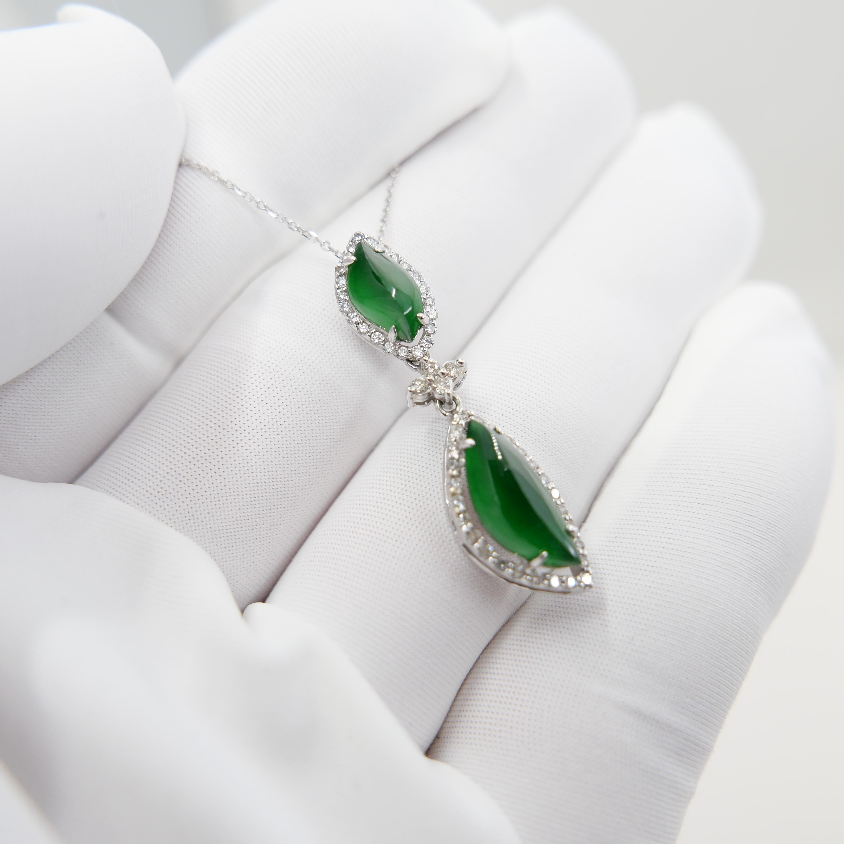 Important Certified Imperial Green Jade & Diamond Pendant Necklace. Super Glow! For Sale 1