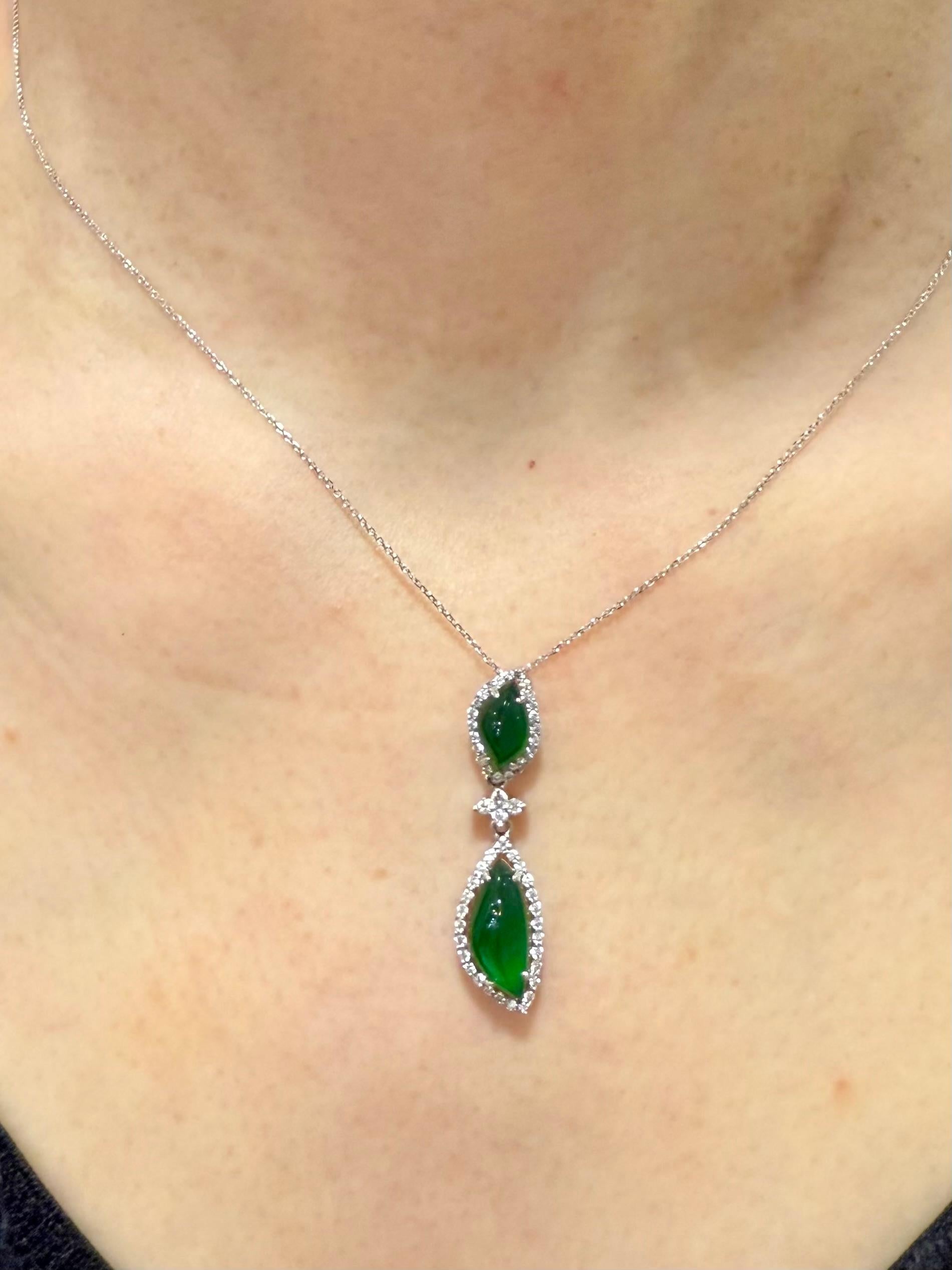Important Certified Imperial Green Jade & Diamond Pendant Necklace. Super Glow! For Sale 2