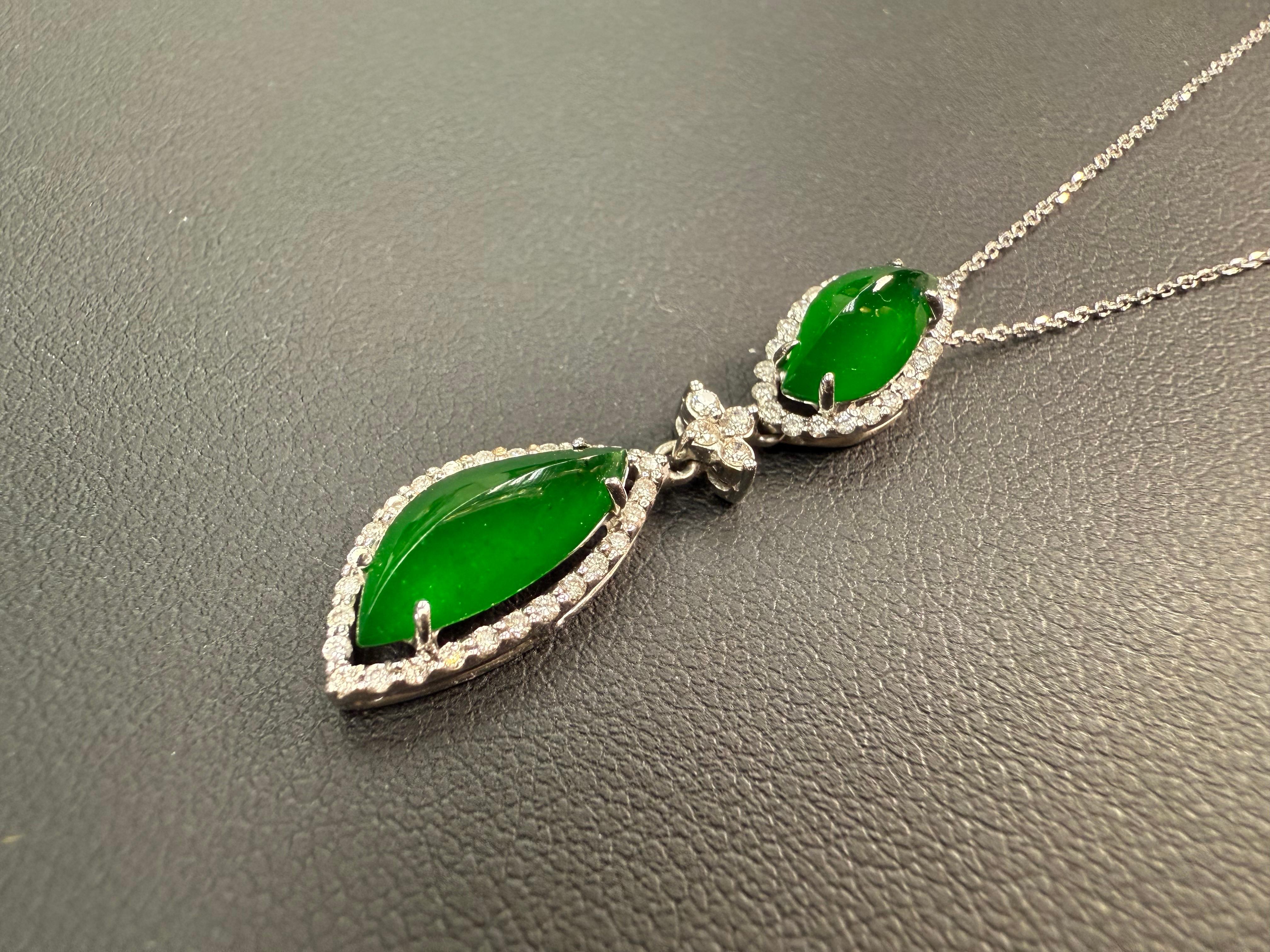 Important Certified Imperial Green Jade & Diamond Pendant Necklace. Super Glow! For Sale 3