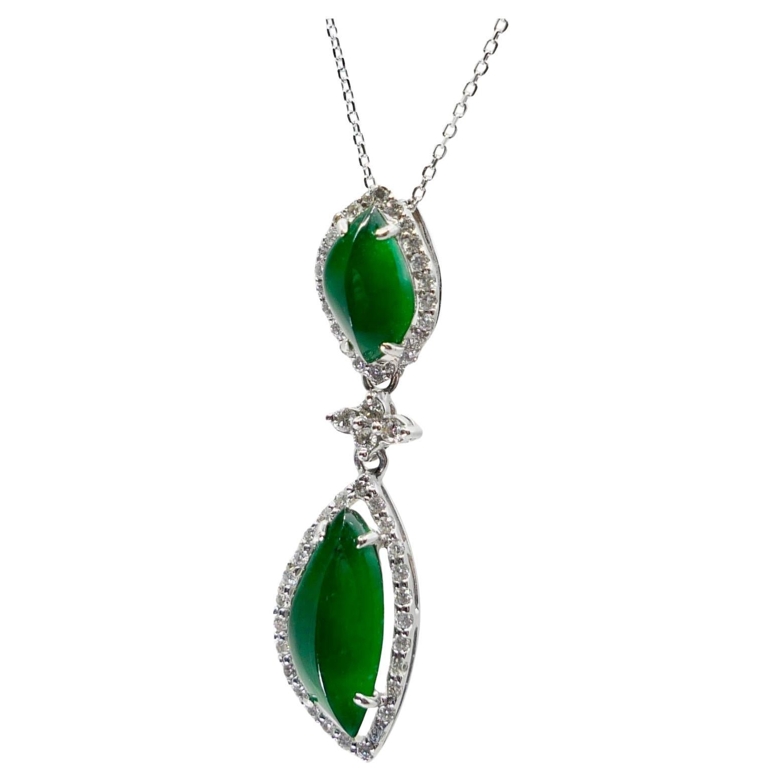 Important Certified Imperial Green Jade & Diamond Pendant Necklace. Super Glow!