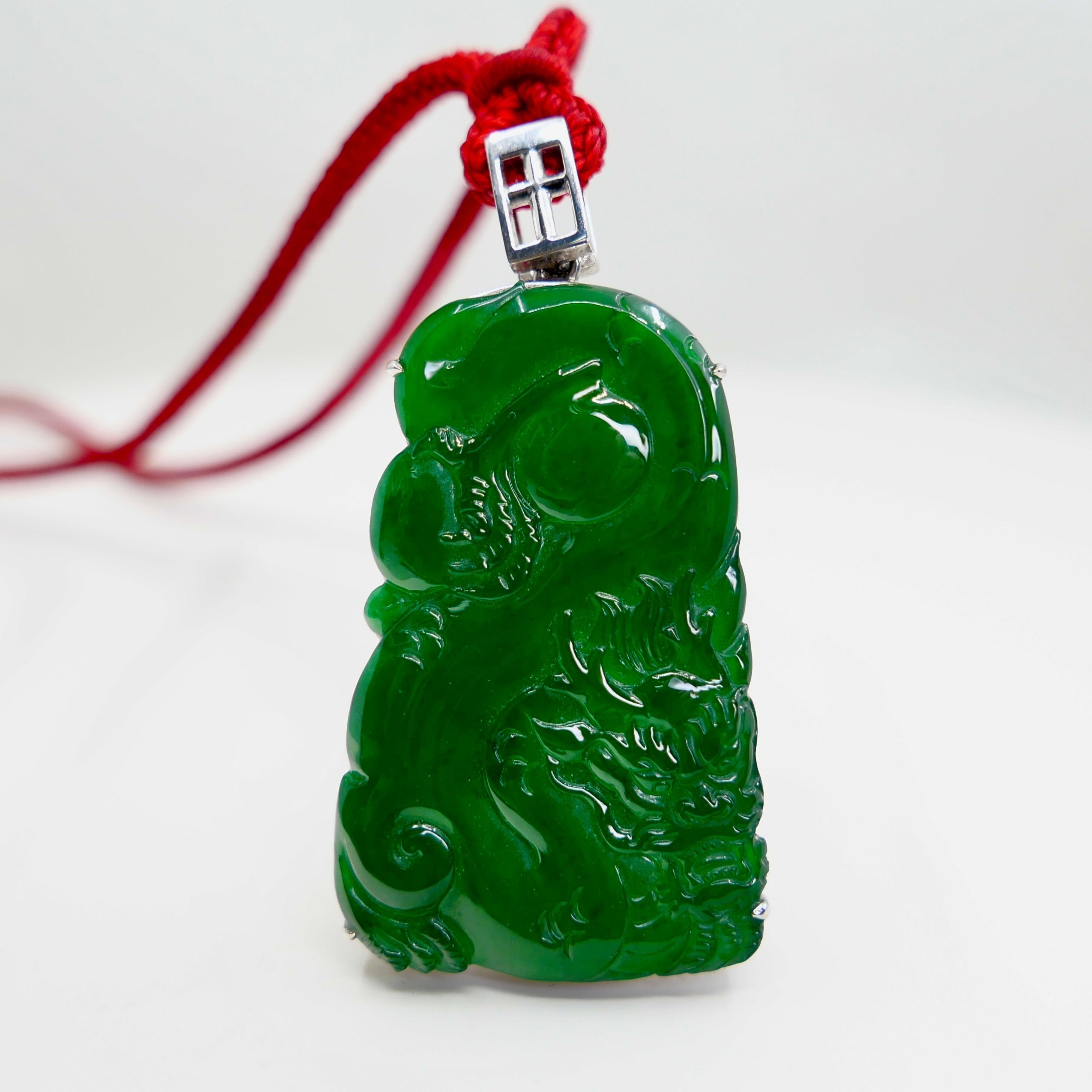 Important Certified Imperial Green Jade Dragon Pendant. Exceptional. Unisex For Sale 8