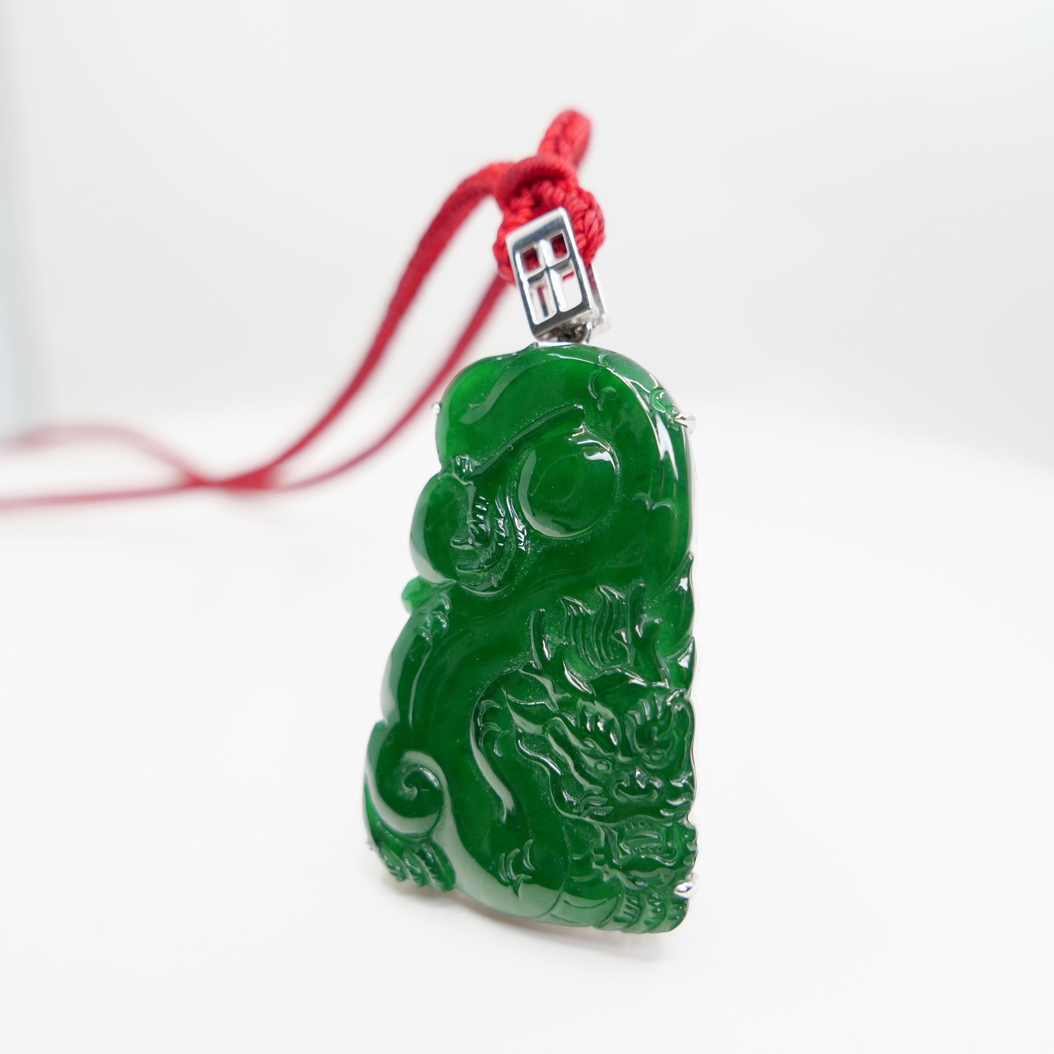 Important Certified Imperial Green Jade Dragon Pendant. Exceptional. Unisex For Sale 10