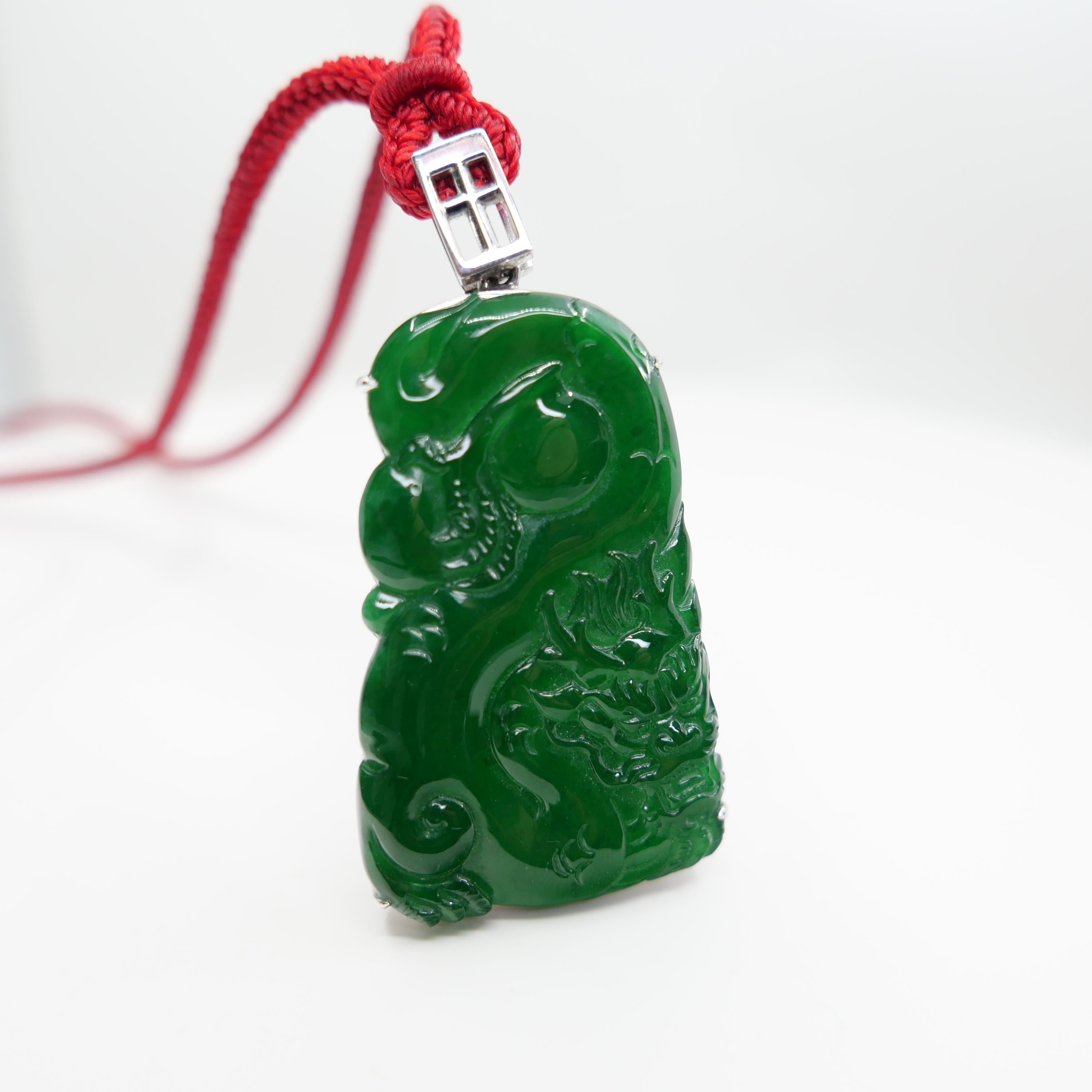 Important Certified Imperial Green Jade Dragon Pendant. Exceptional. Unisex For Sale 11