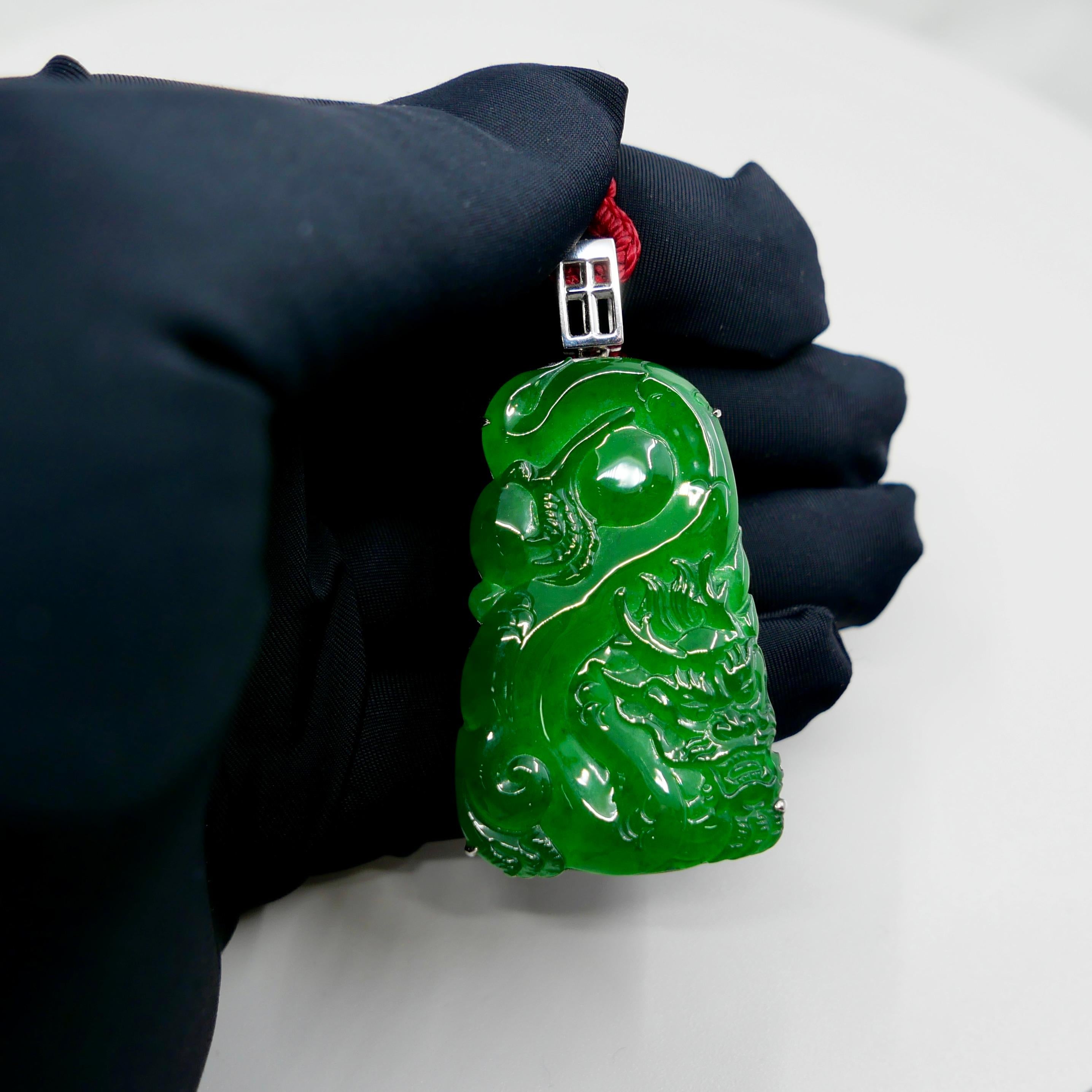 Important Certified Imperial Green Jade Dragon Pendant. Exceptional. Unisex For Sale 12