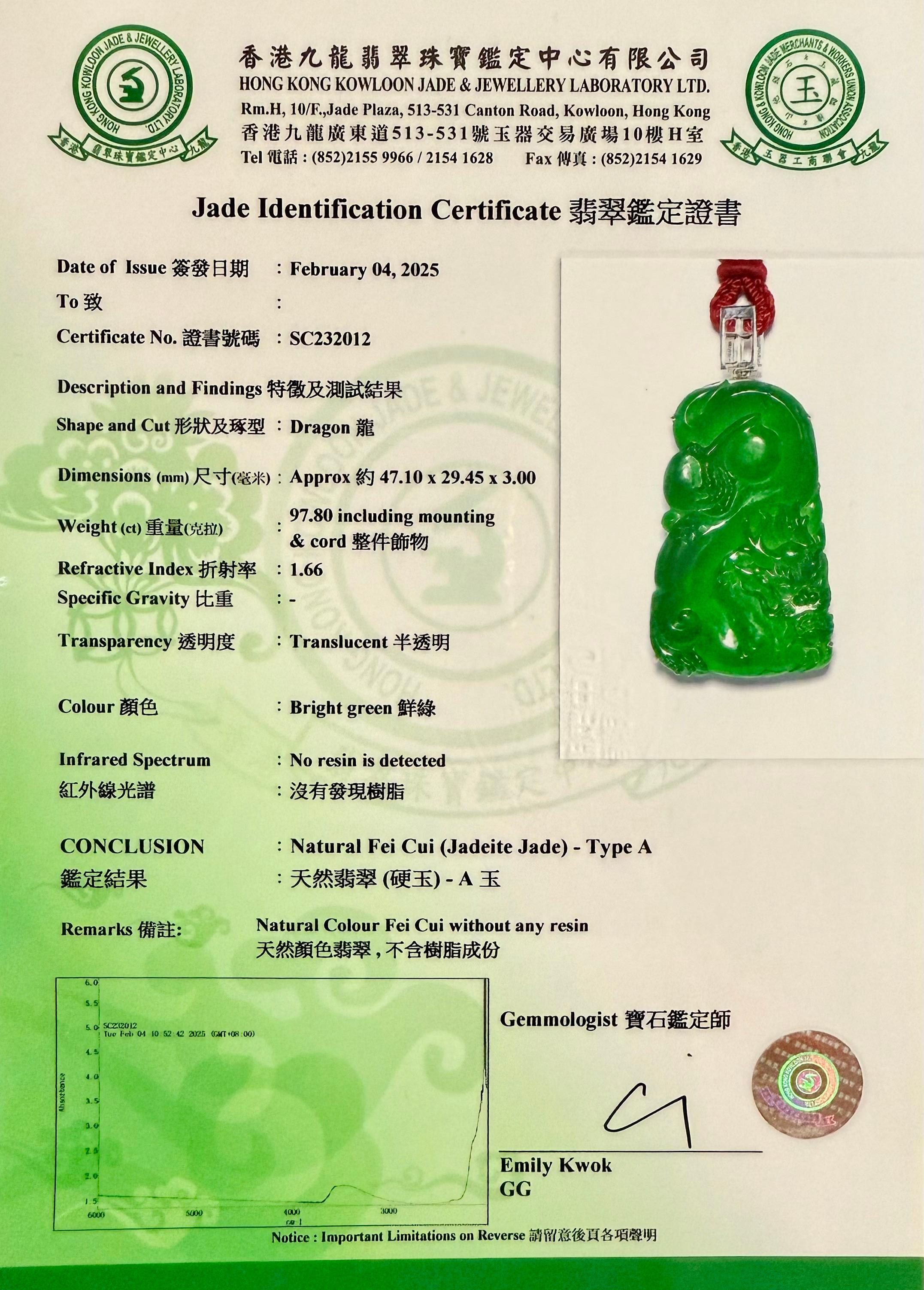 Important Certified Imperial Green Jade Dragon Pendant. Exceptional. Unisex For Sale 15