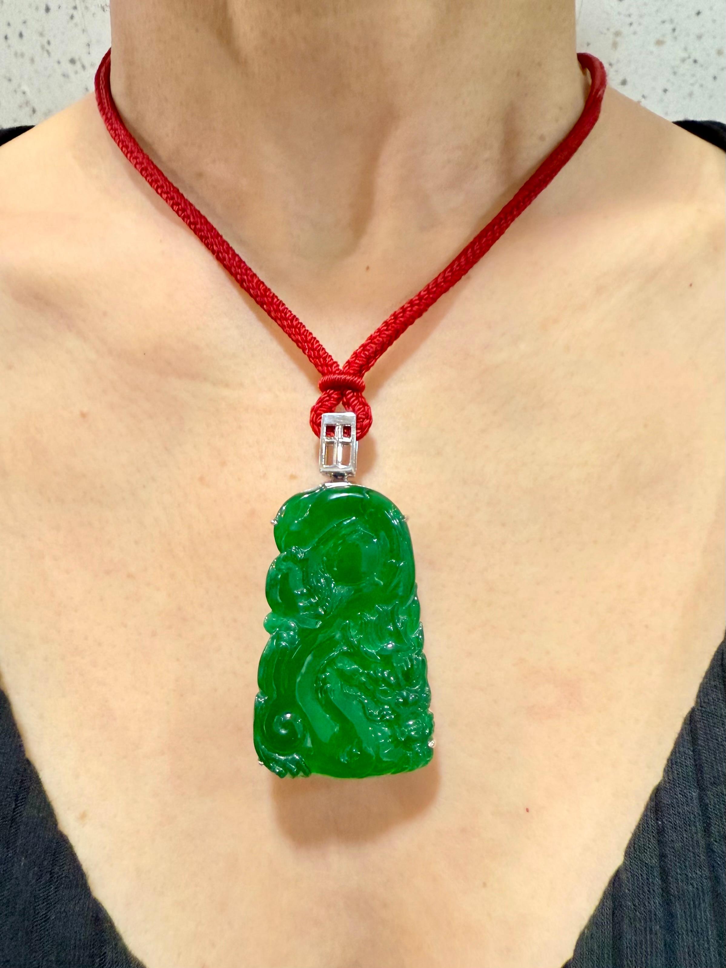 Rough Cut Important Certified Imperial Green Jade Dragon Pendant. Exceptional. Unisex For Sale