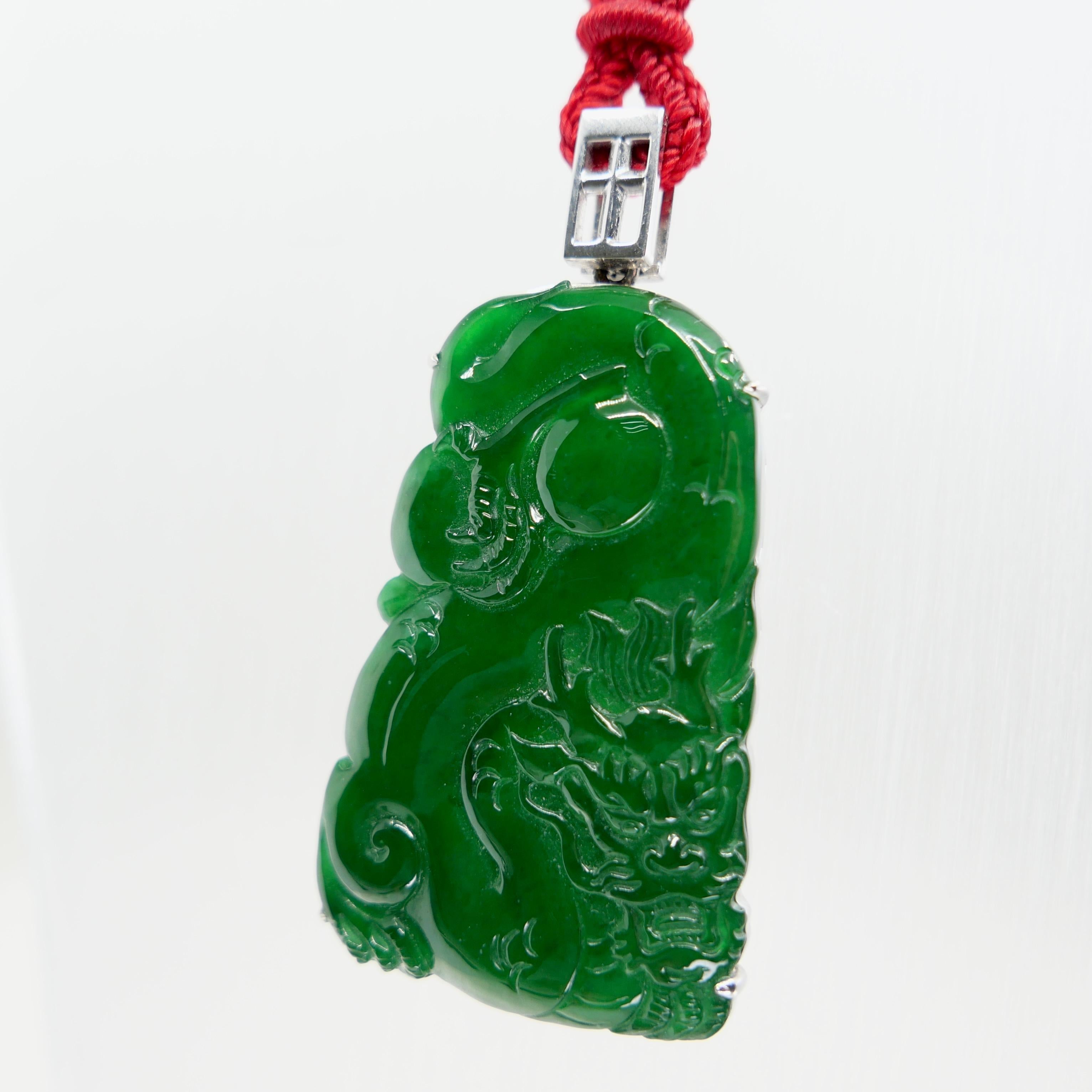 Important Certified Imperial Green Jade Dragon Pendant. Exceptional. Unisex For Sale 2