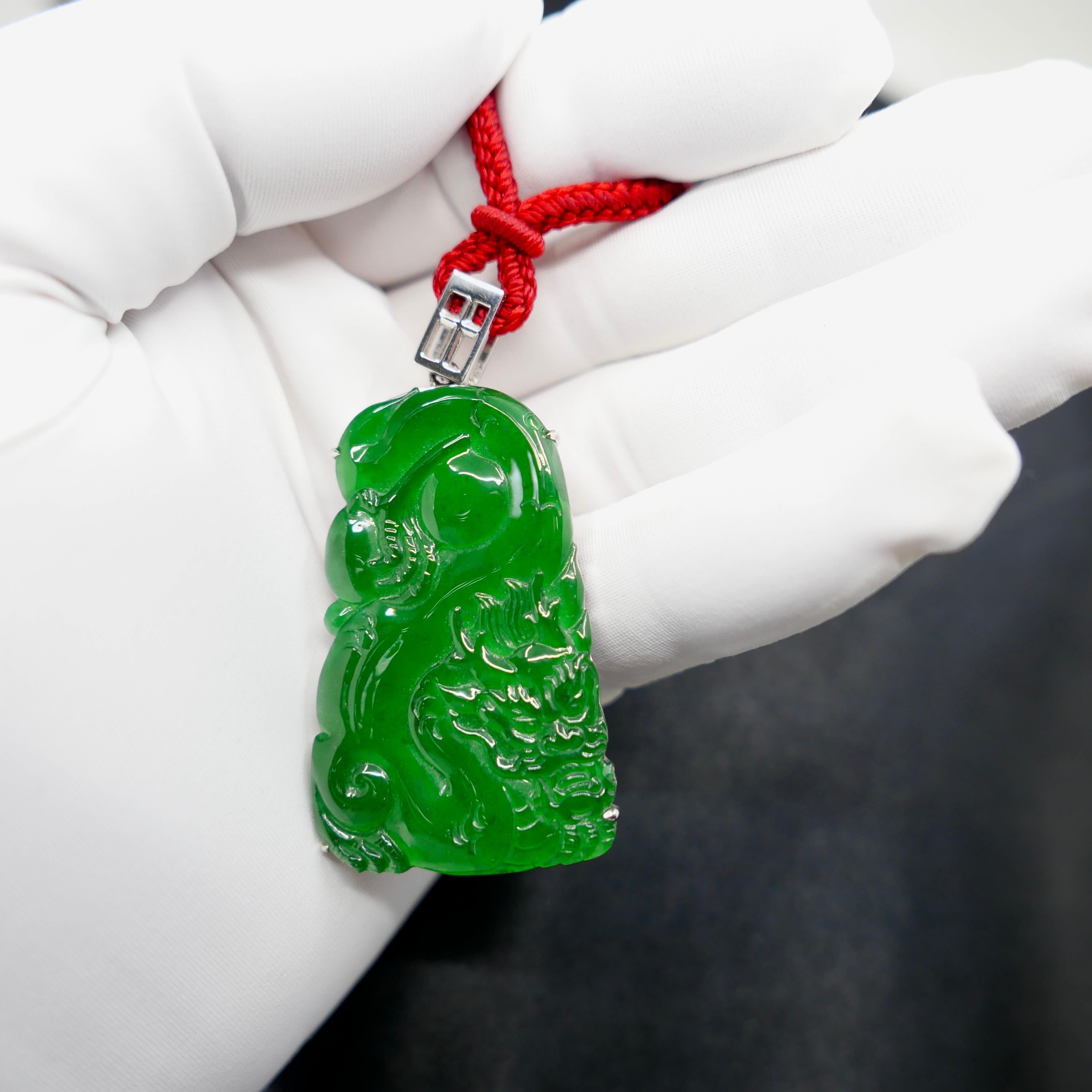 Important Certified Imperial Green Jade Dragon Pendant. Exceptional. Unisex For Sale 3