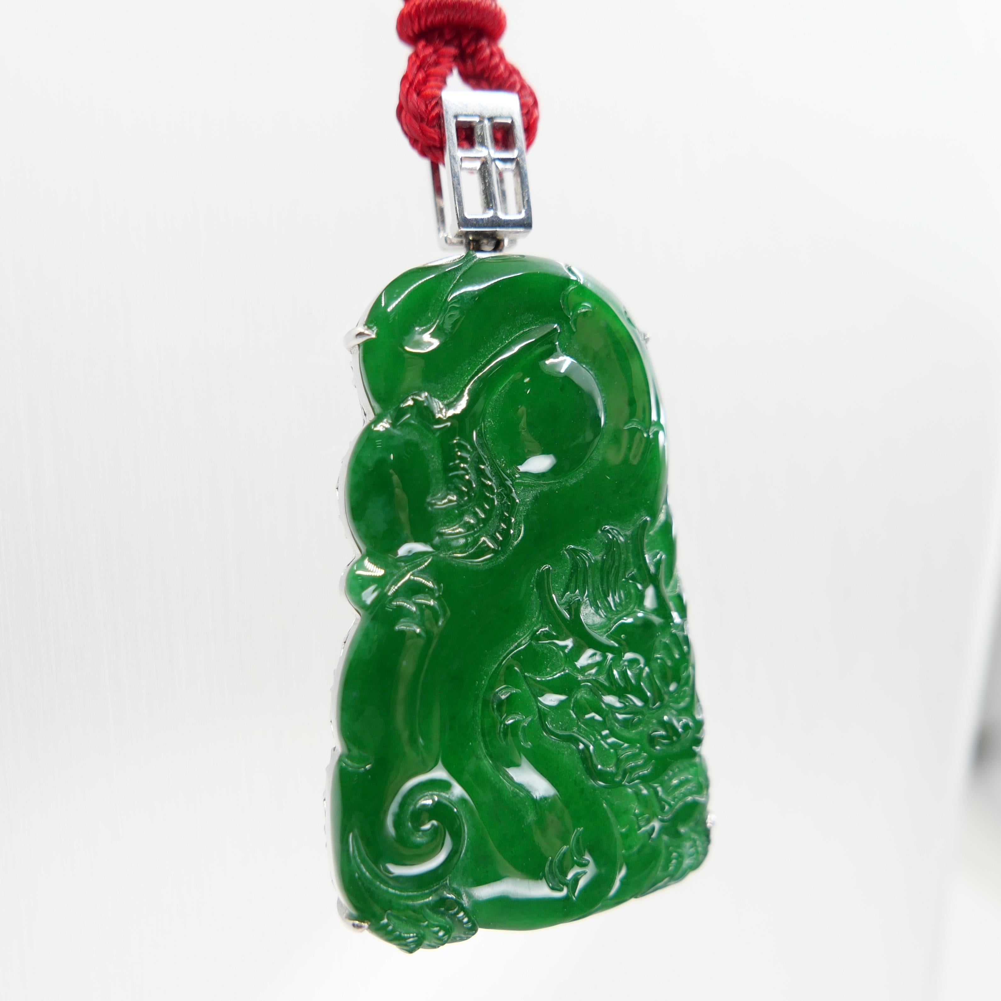 Important Certified Imperial Green Jade Dragon Pendant. Exceptional. Unisex For Sale 5