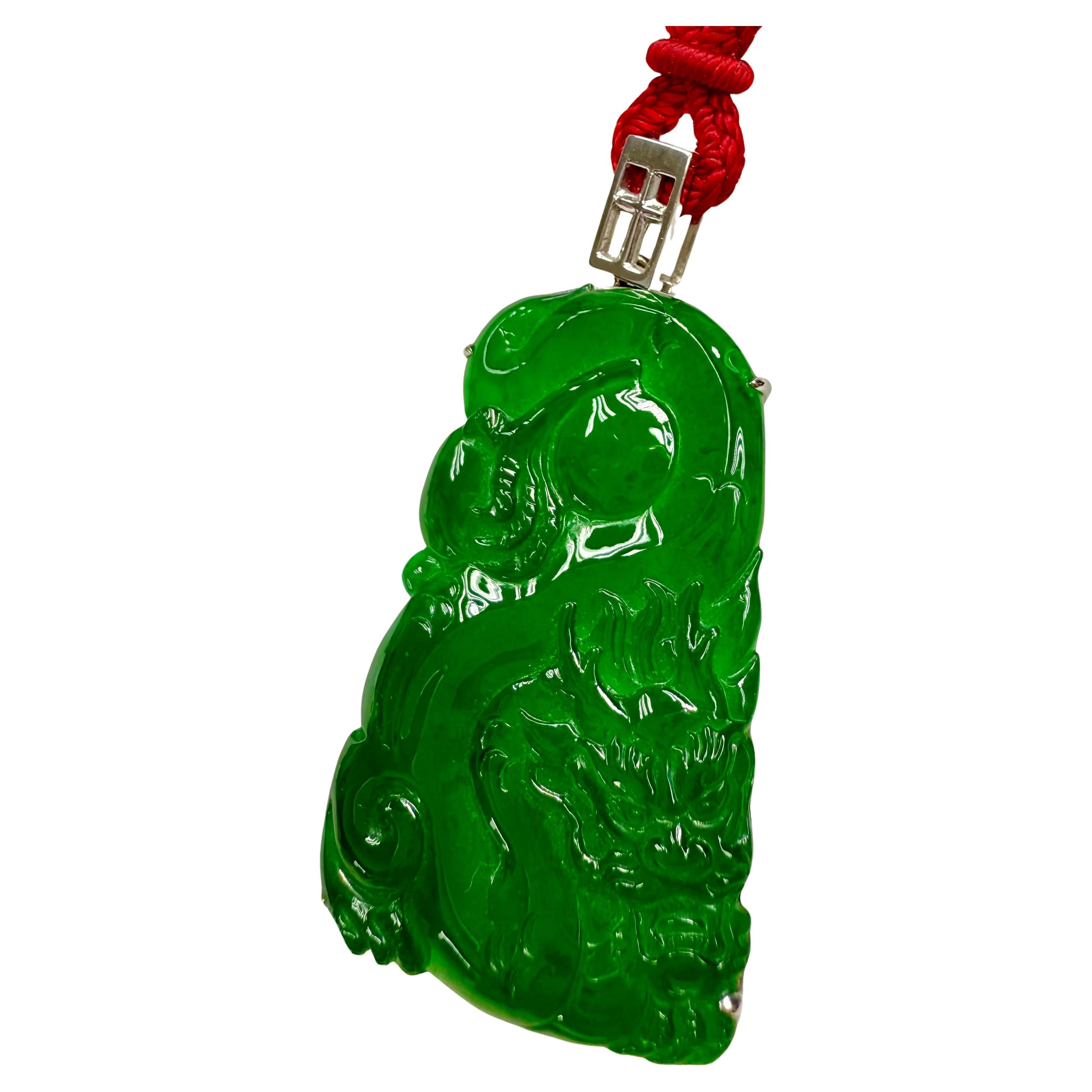 Important Certified Imperial Green Jade Dragon Pendant. Exceptional. Unisex