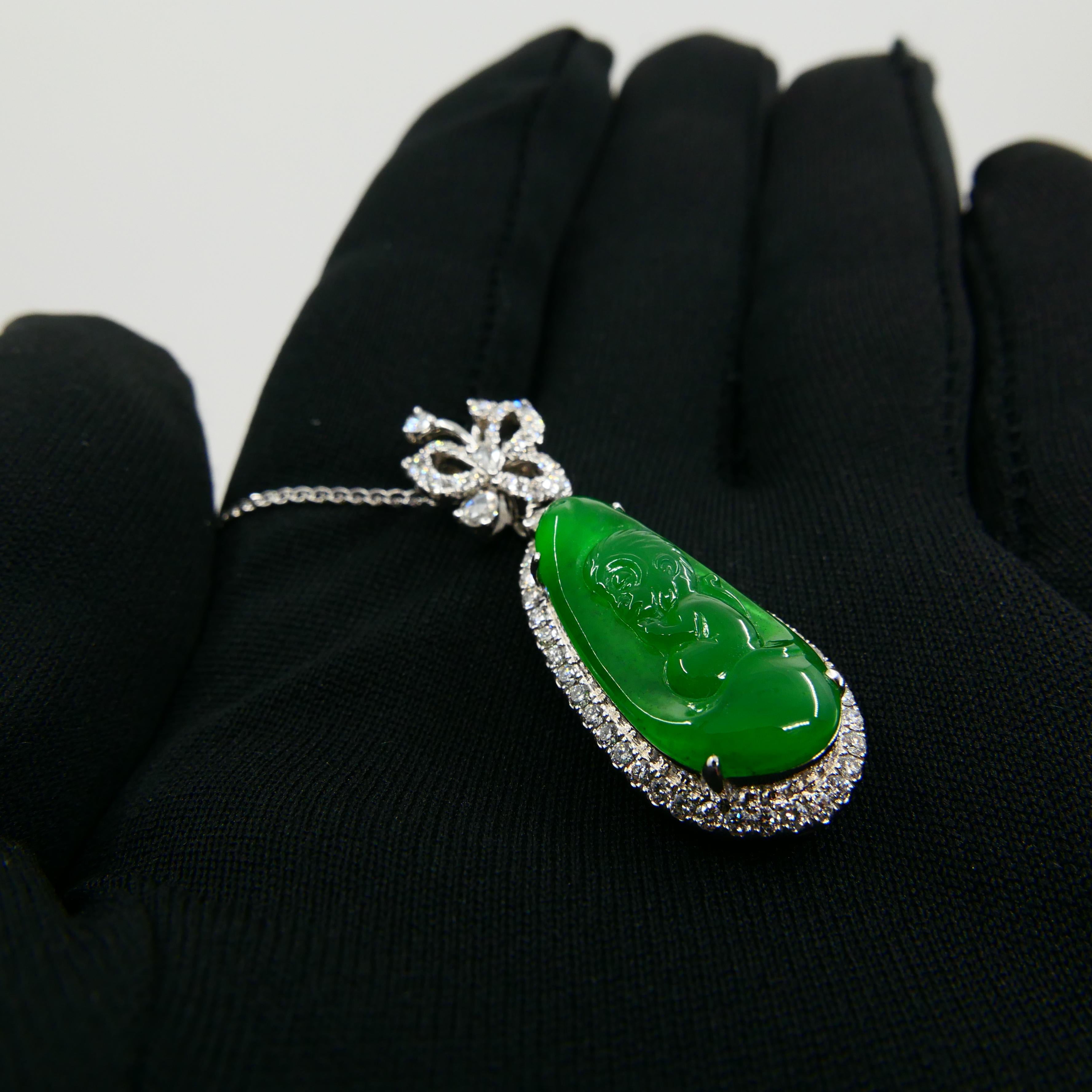 Important collier pendentif de singe et diamants en jade vert impérial certifié en vente 9