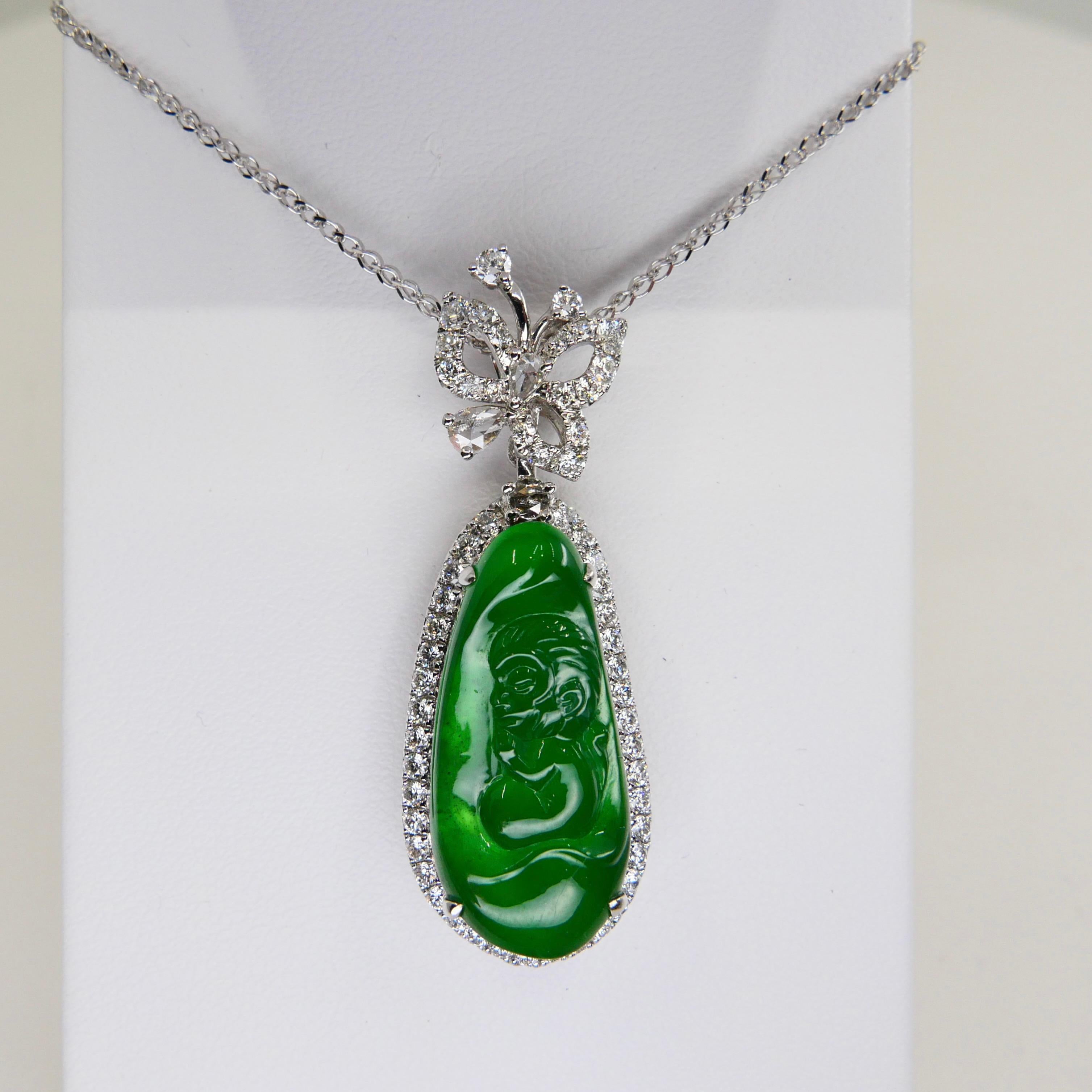 Important Certified Imperial Green Jade Monkey and Diamond Pendant Necklace For Sale 4