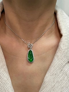 Important Certified Imperial Green Jade Monkey and Diamond Pendant Necklace