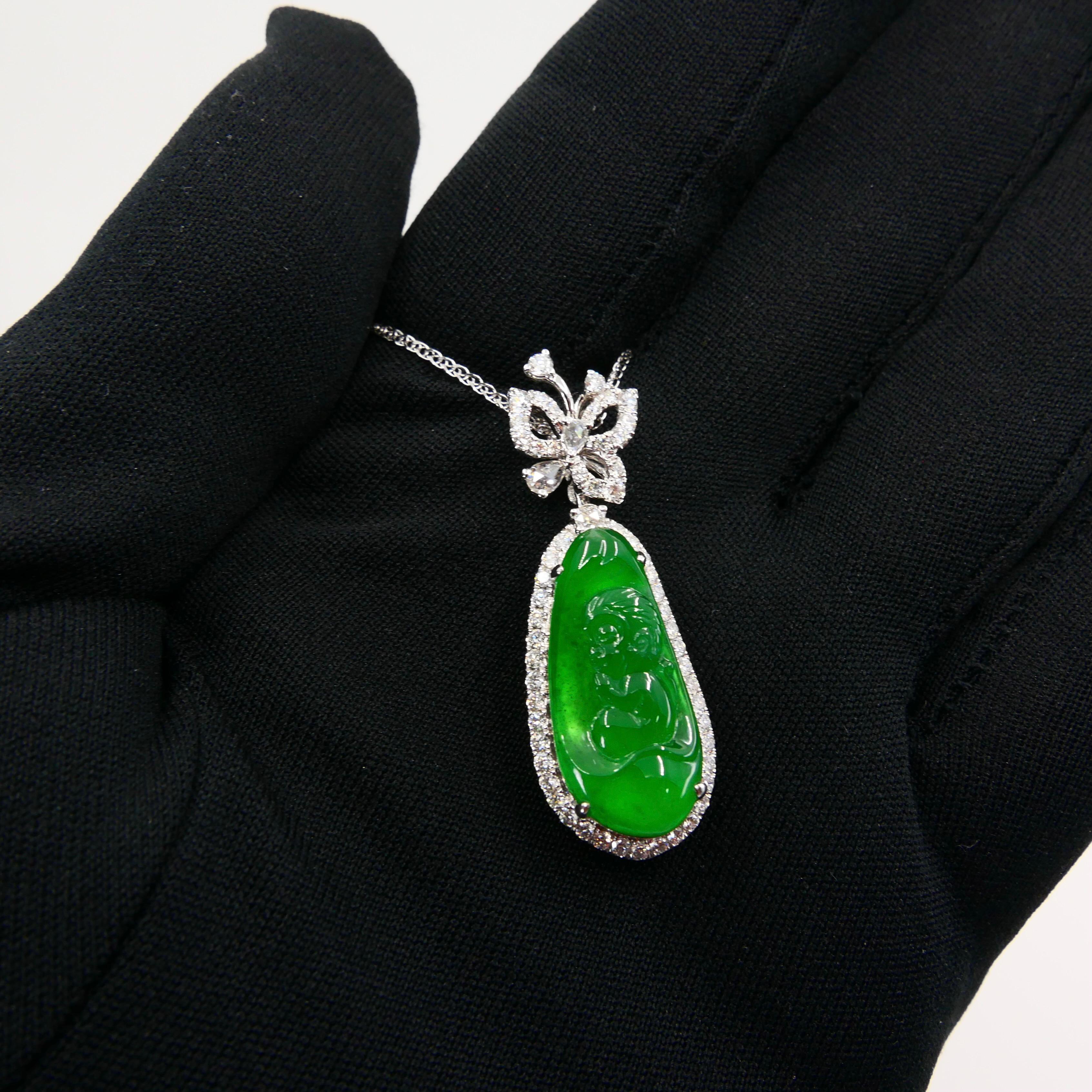 Taille grossière Important collier pendentif de singe et diamants en jade vert impérial certifié en vente