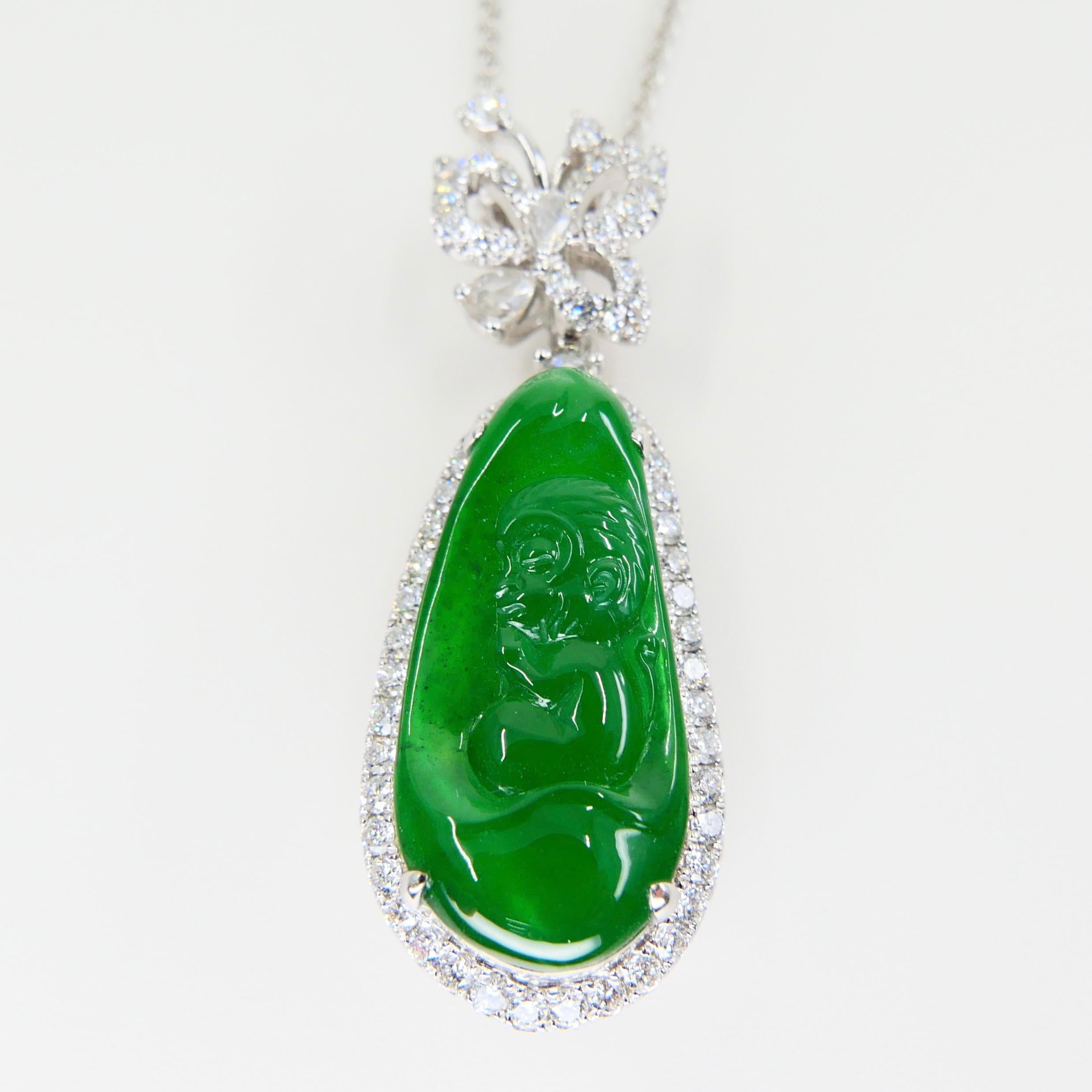 Important collier pendentif de singe et diamants en jade vert impérial certifié Pour femmes en vente