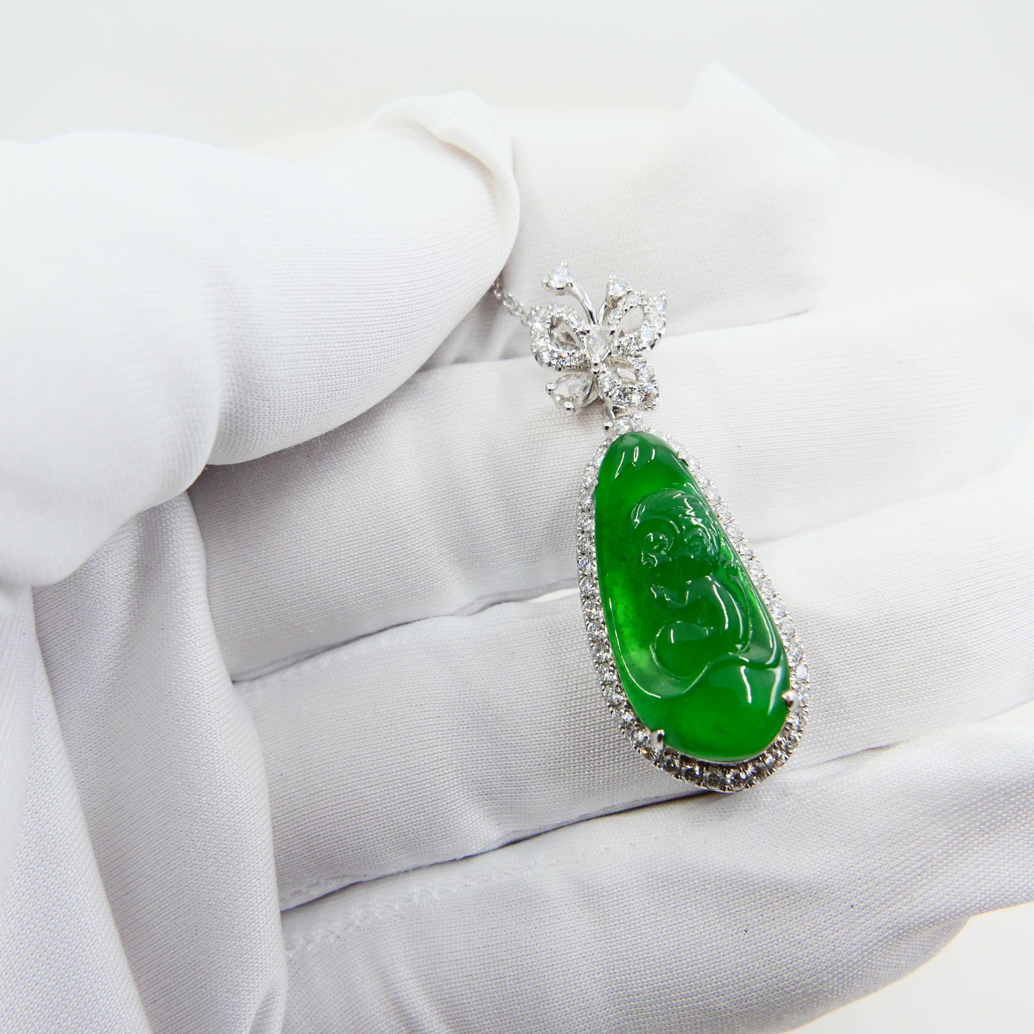 Important Certified Imperial Green Jade Monkey and Diamond Pendant Necklace For Sale 5