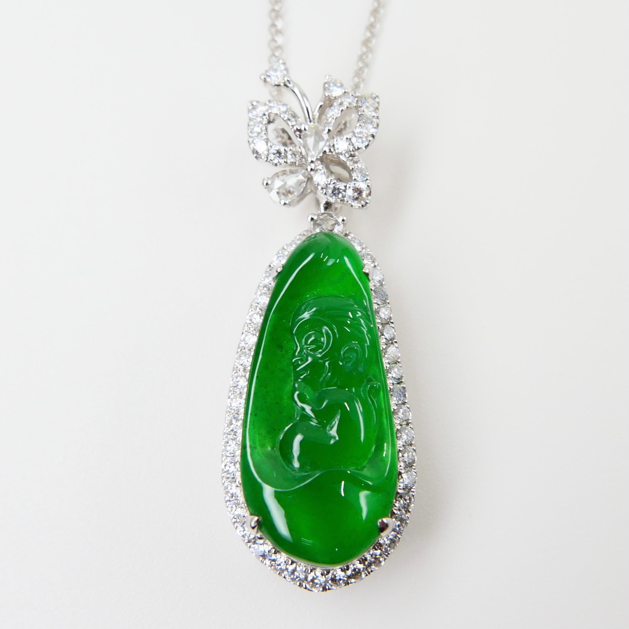 Important collier pendentif de singe et diamants en jade vert impérial certifié en vente 8