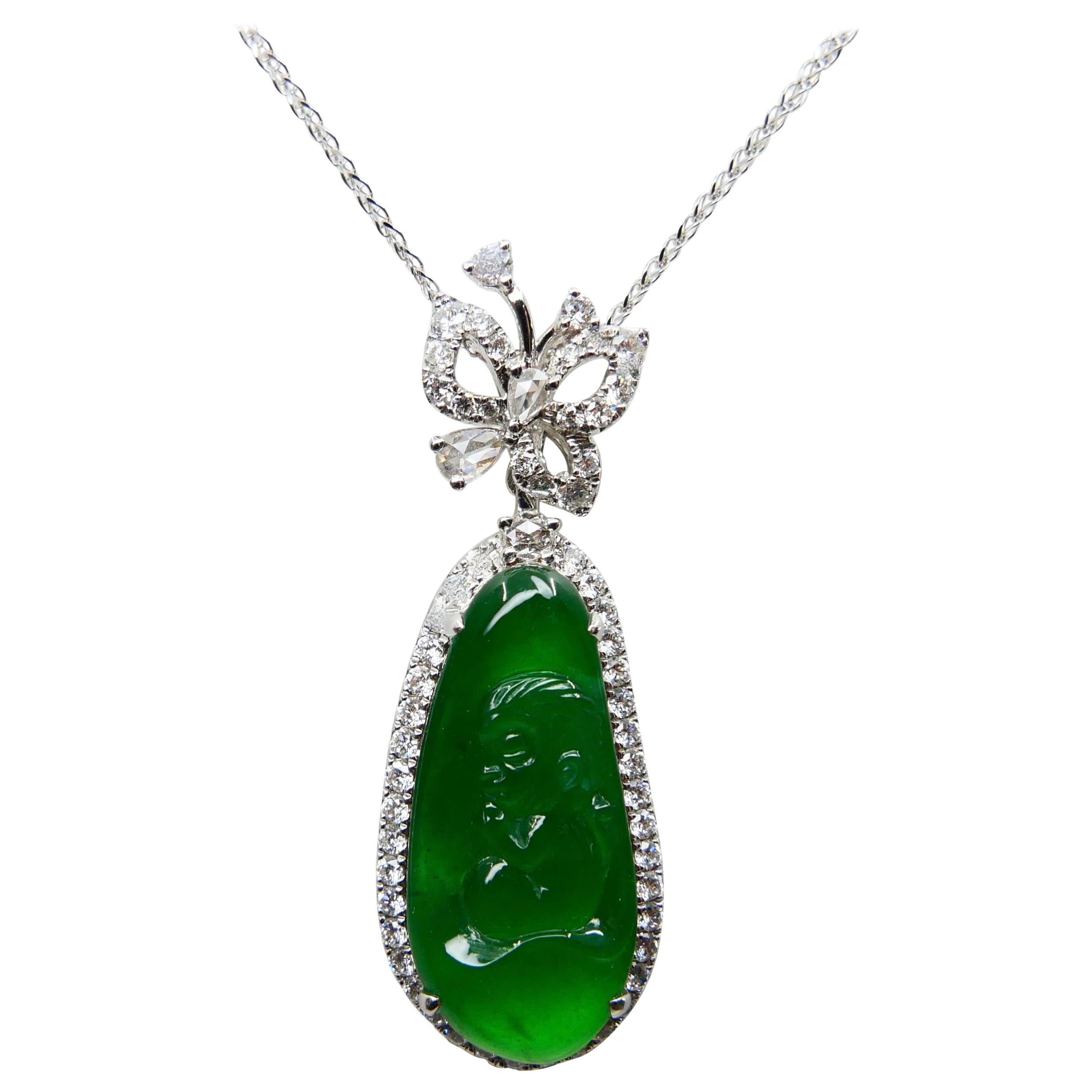 Important Certified Natural Jade Diamond Drop Pendant, Imperial Green