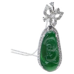 Importante collana di ciondoli di giada verde imperiale certificata con scimmia e diamanti