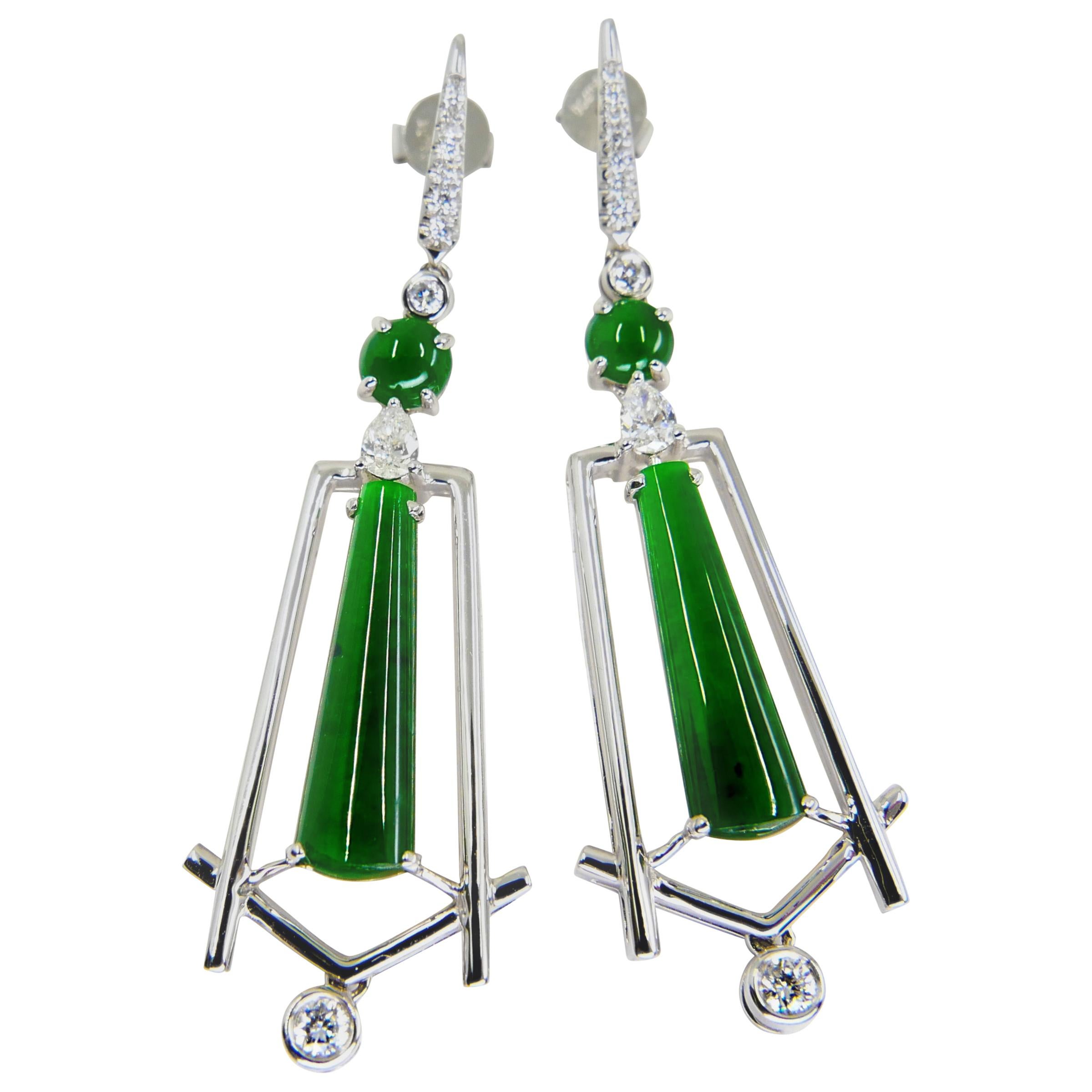 Important Certified Imperial Jade and Diamond Earrings, Best Imperial Green For Sale