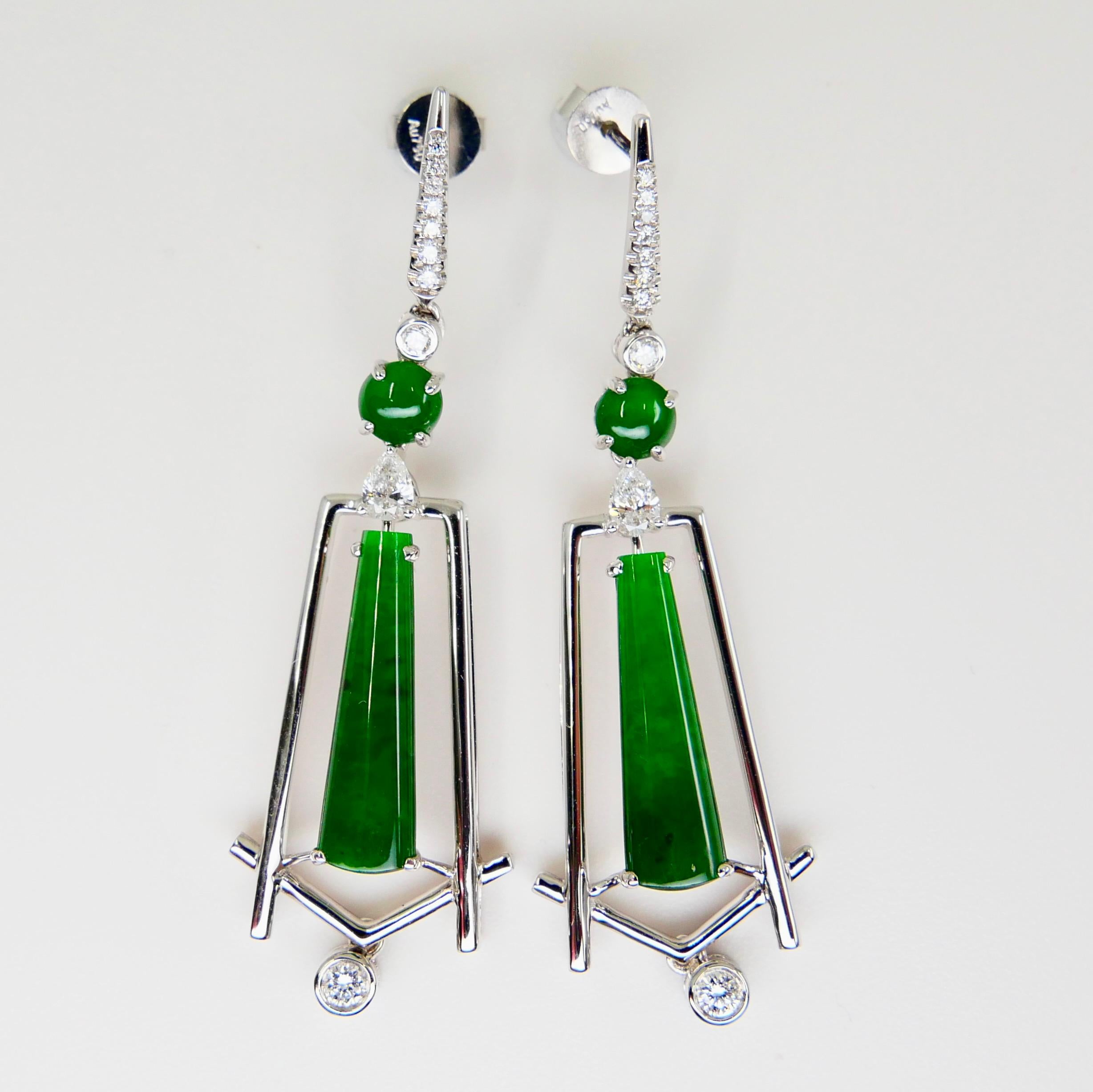 Rough Cut Important Certified Imperial Jade and Diamond Earrings, Best Imperial Green For Sale
