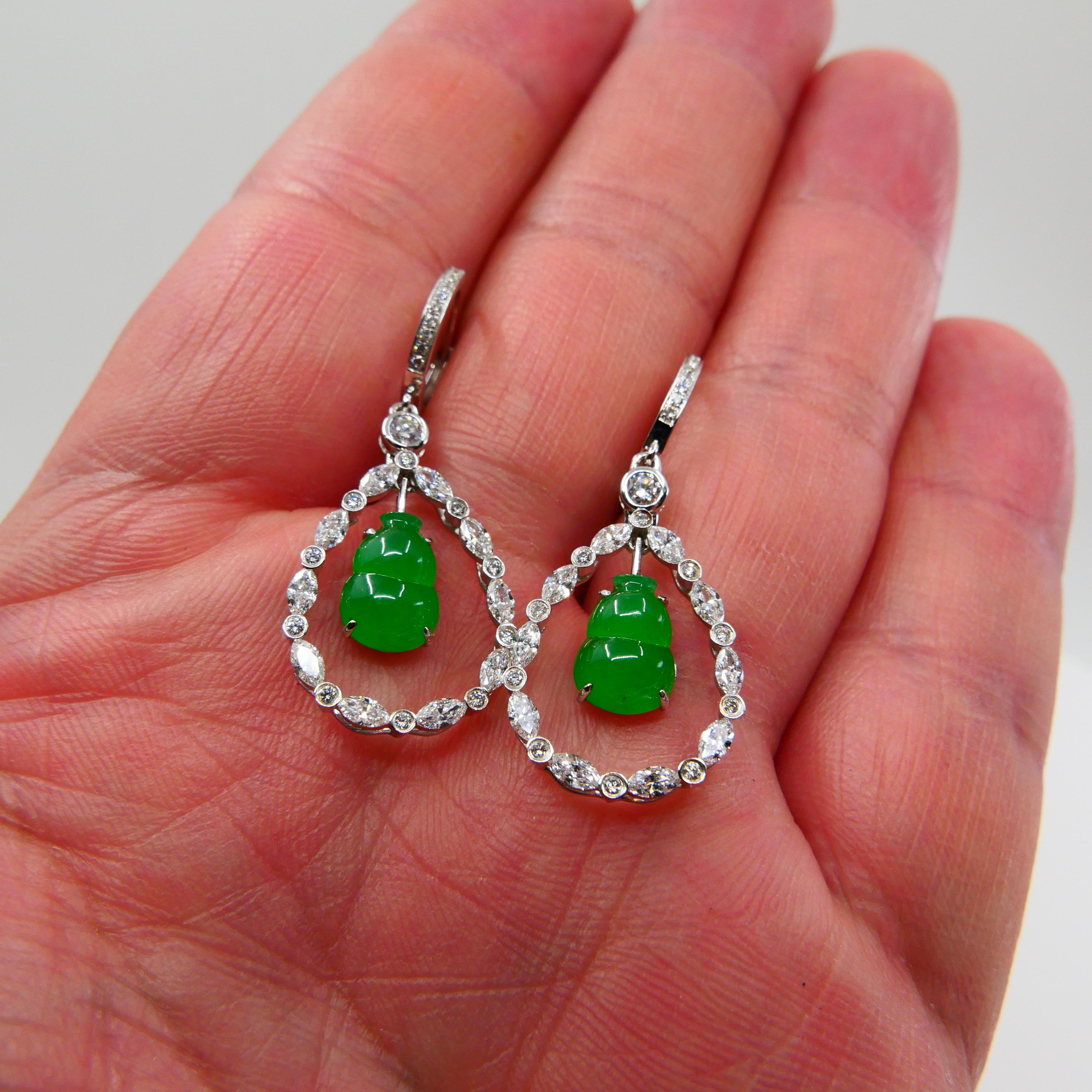 Important Certified Imperial Jade Gourd Diamond Earrings, Imperial Green Color For Sale 5