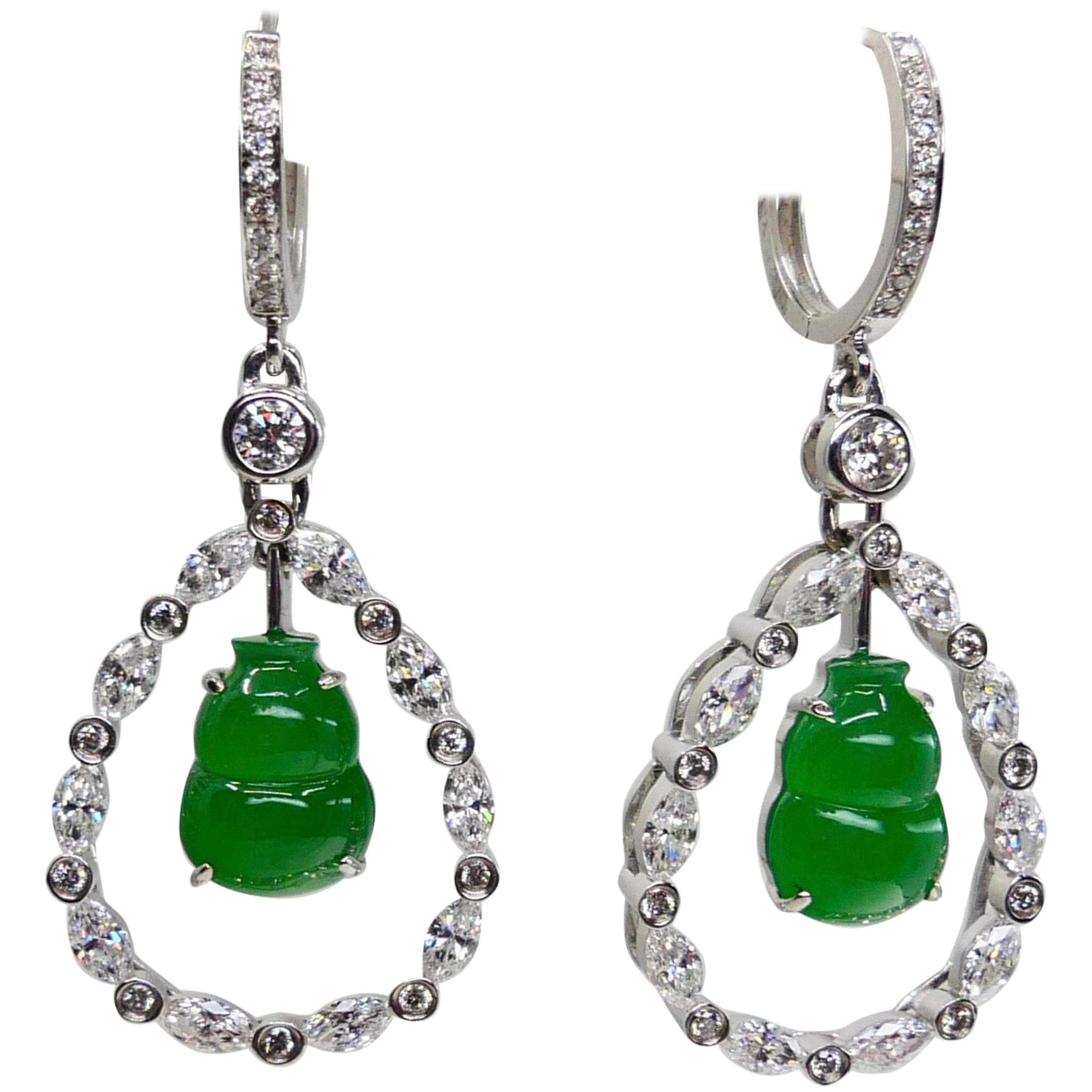 Important Certified Imperial Jade Gourd Diamond Earrings, Imperial Green Color For Sale