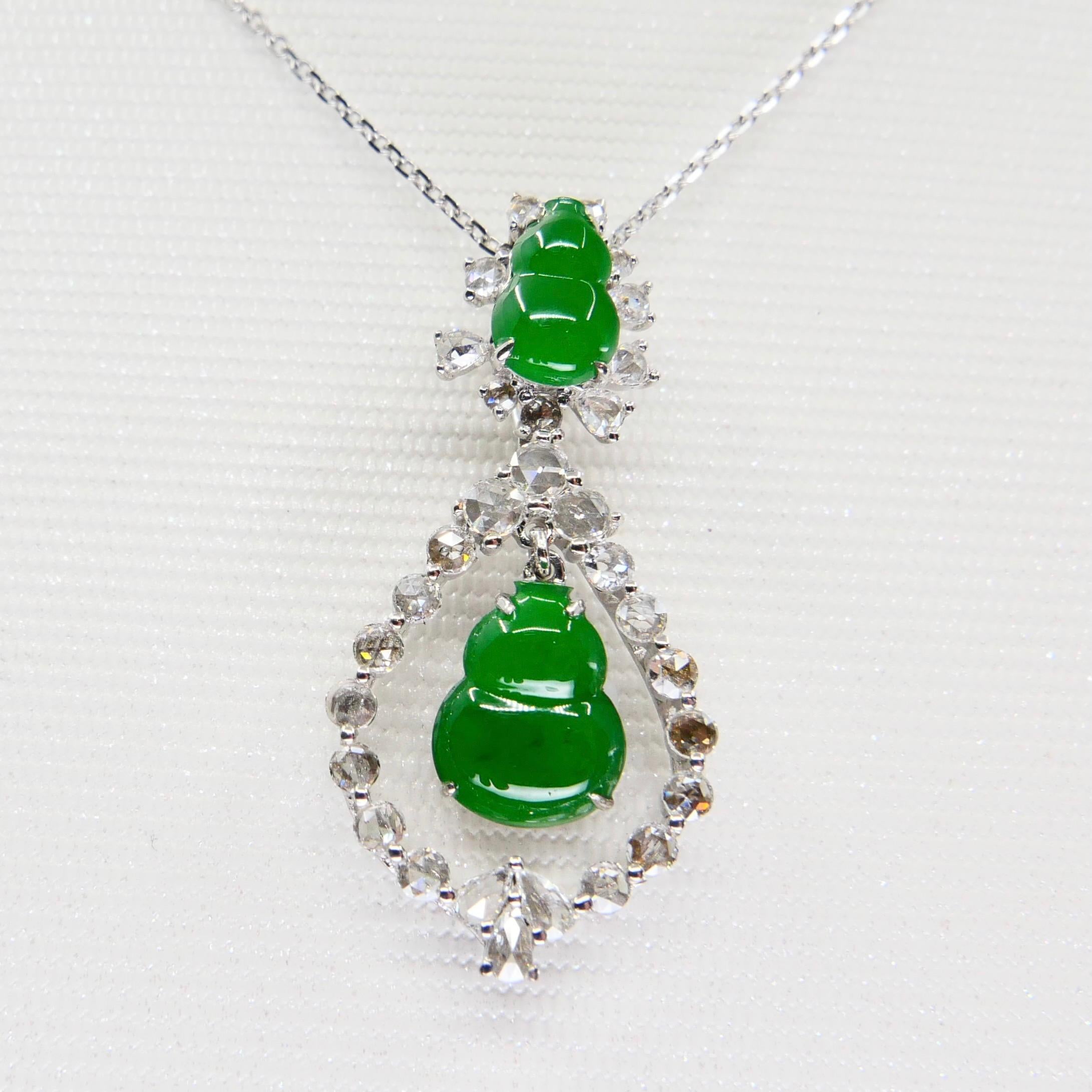 Important Certified Imperial Jade Gourd Diamond Pendant Necklace, Imperial Green For Sale 5
