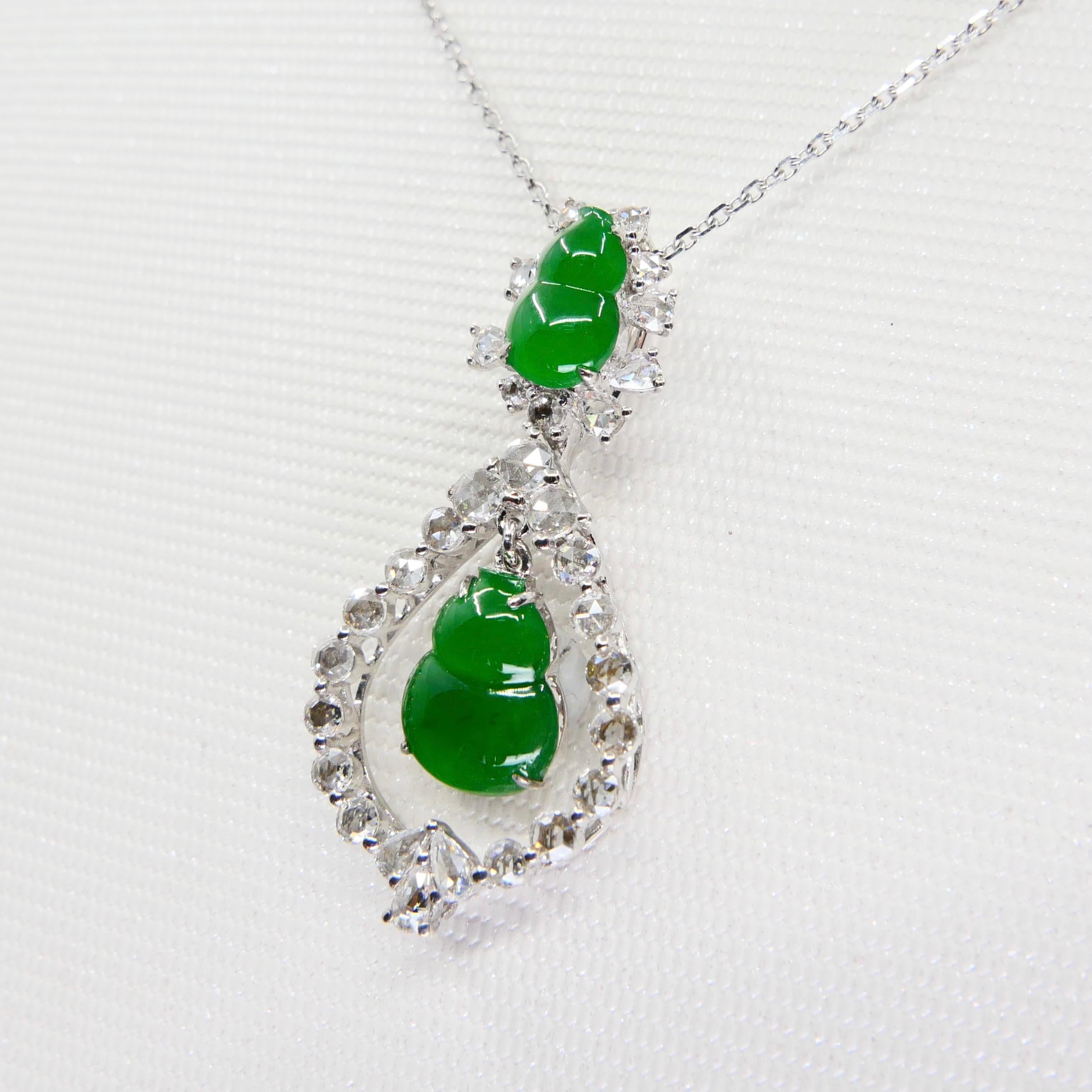 Important Certified Imperial Jade Gourd Diamond Pendant Necklace, Imperial Green For Sale 2