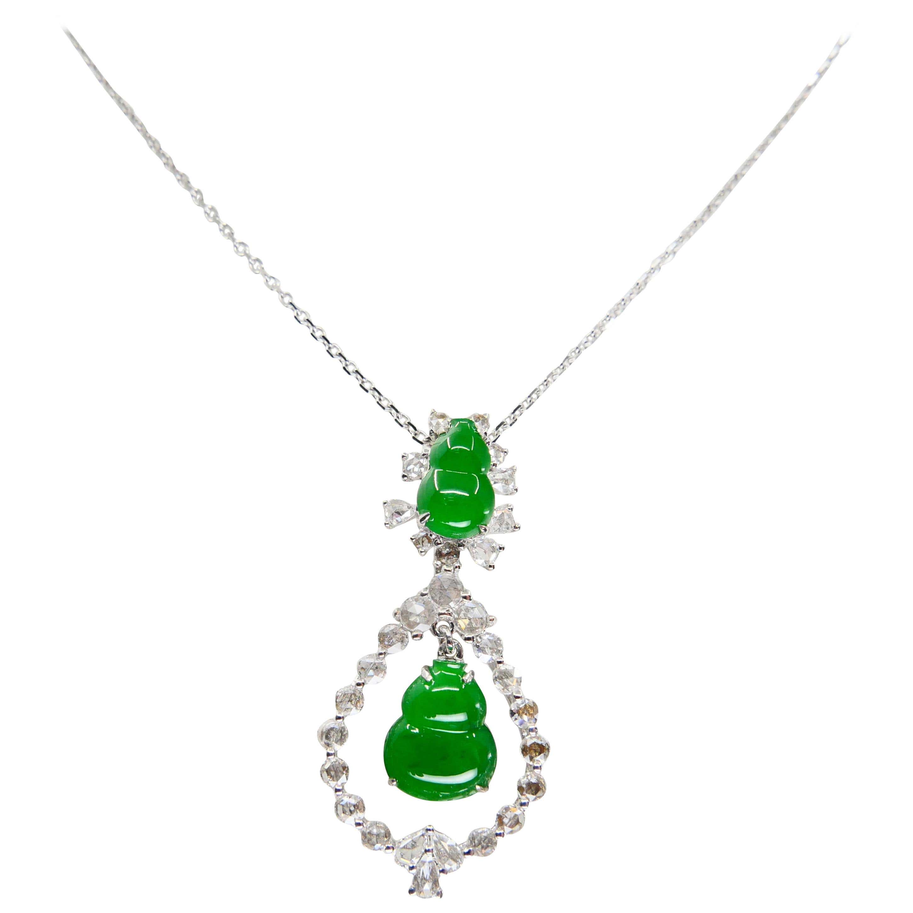 Sterling Silver Natural Green Jade Gourd Pendant Necklace – Water Drop Charm W/ CZ