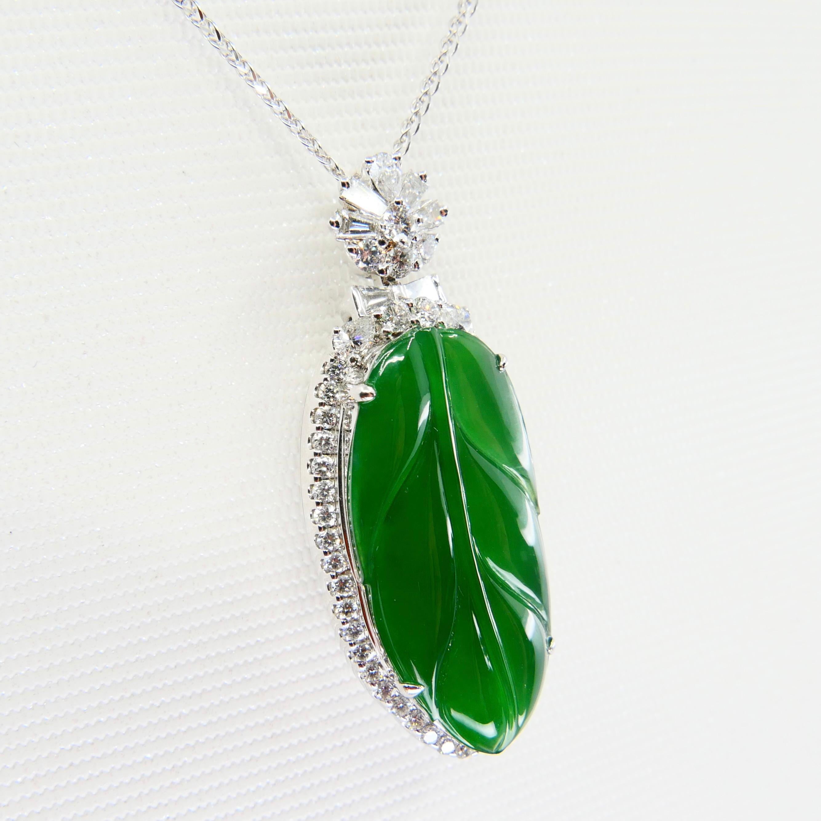 Important Certified Imperial Jadeite Jade & Diamond Pendant Necklace, Icy Jade For Sale 3