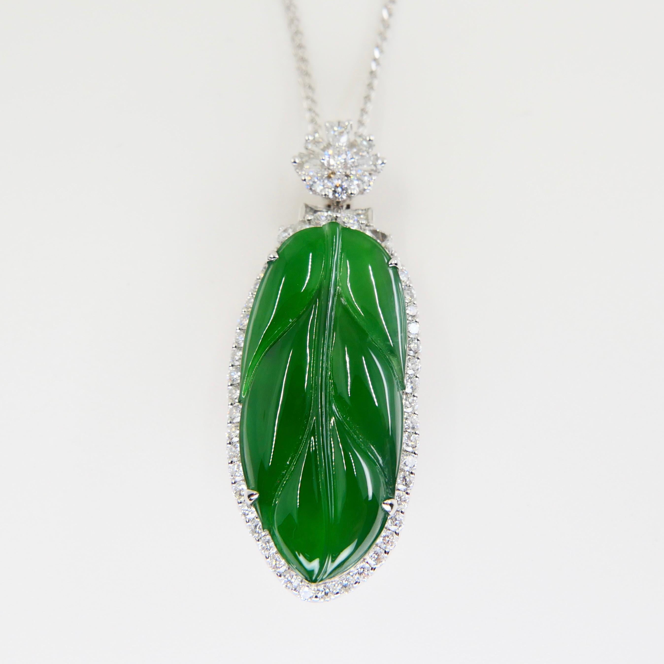 Important Certified Imperial Jadeite Jade & Diamond Pendant Necklace, Icy Jade For Sale 6