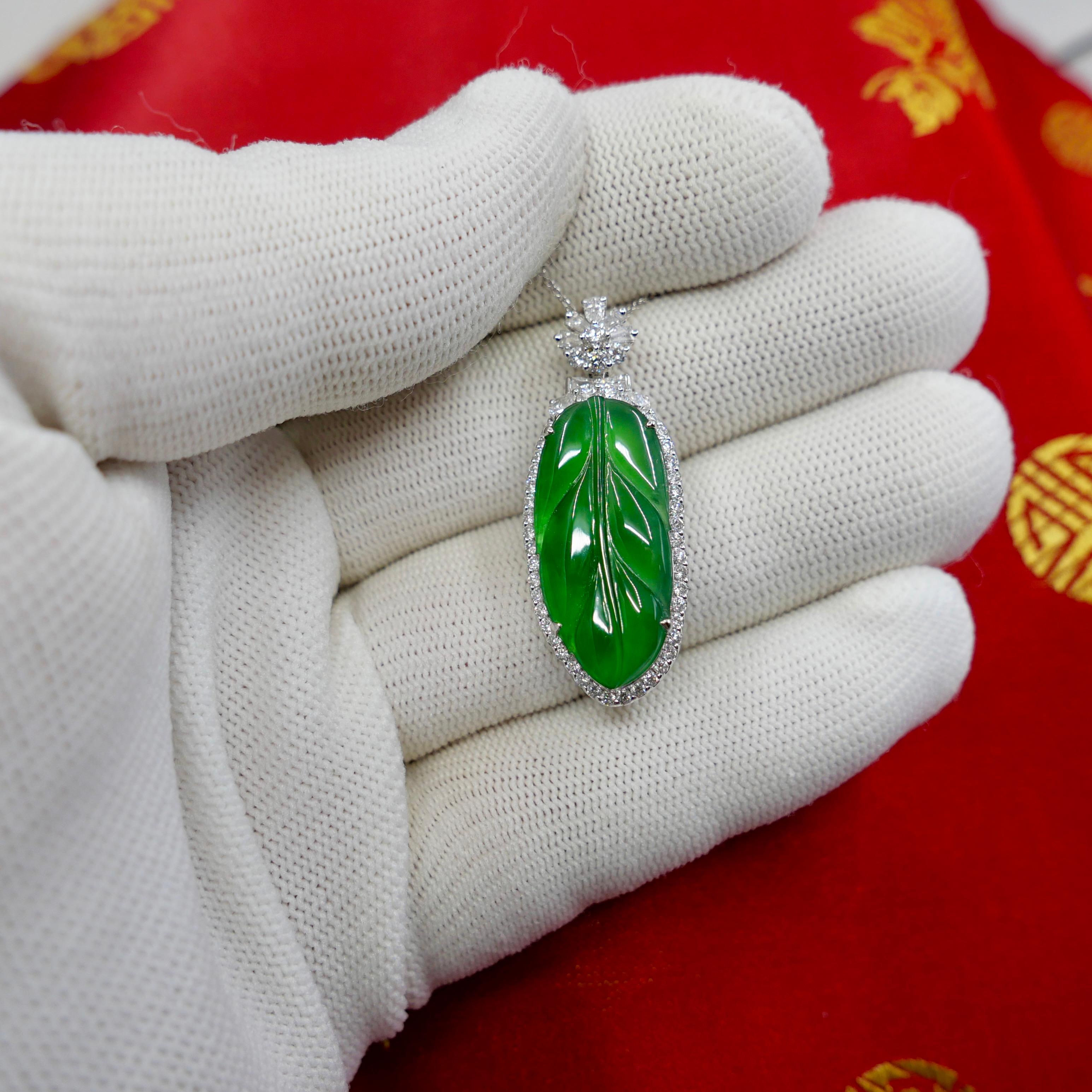 Important Certified Imperial Jadeite Jade & Diamond Pendant Necklace, Icy Jade For Sale 5