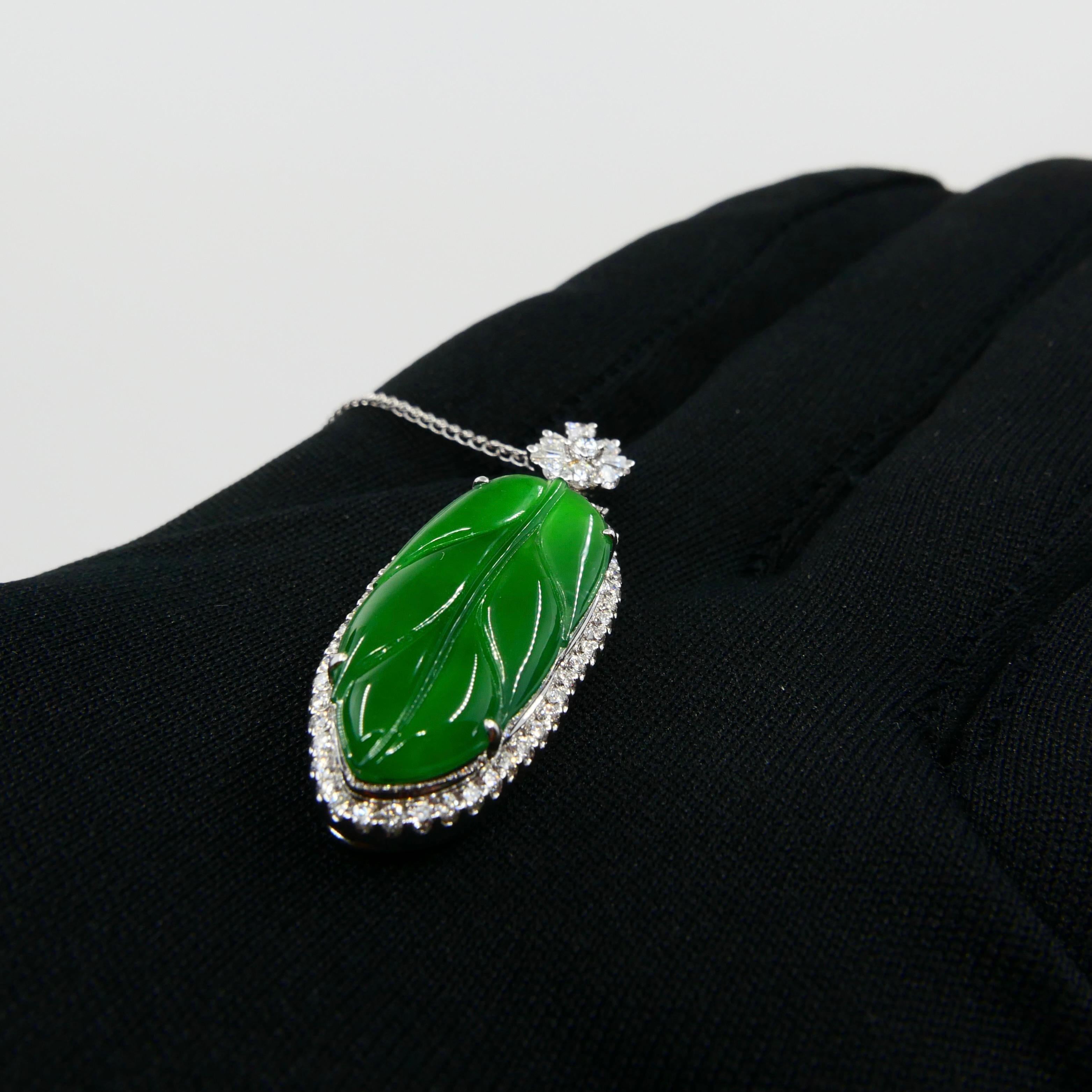 Important Certified Imperial Jadeite Jade & Diamond Pendant Necklace, Icy Jade For Sale 8