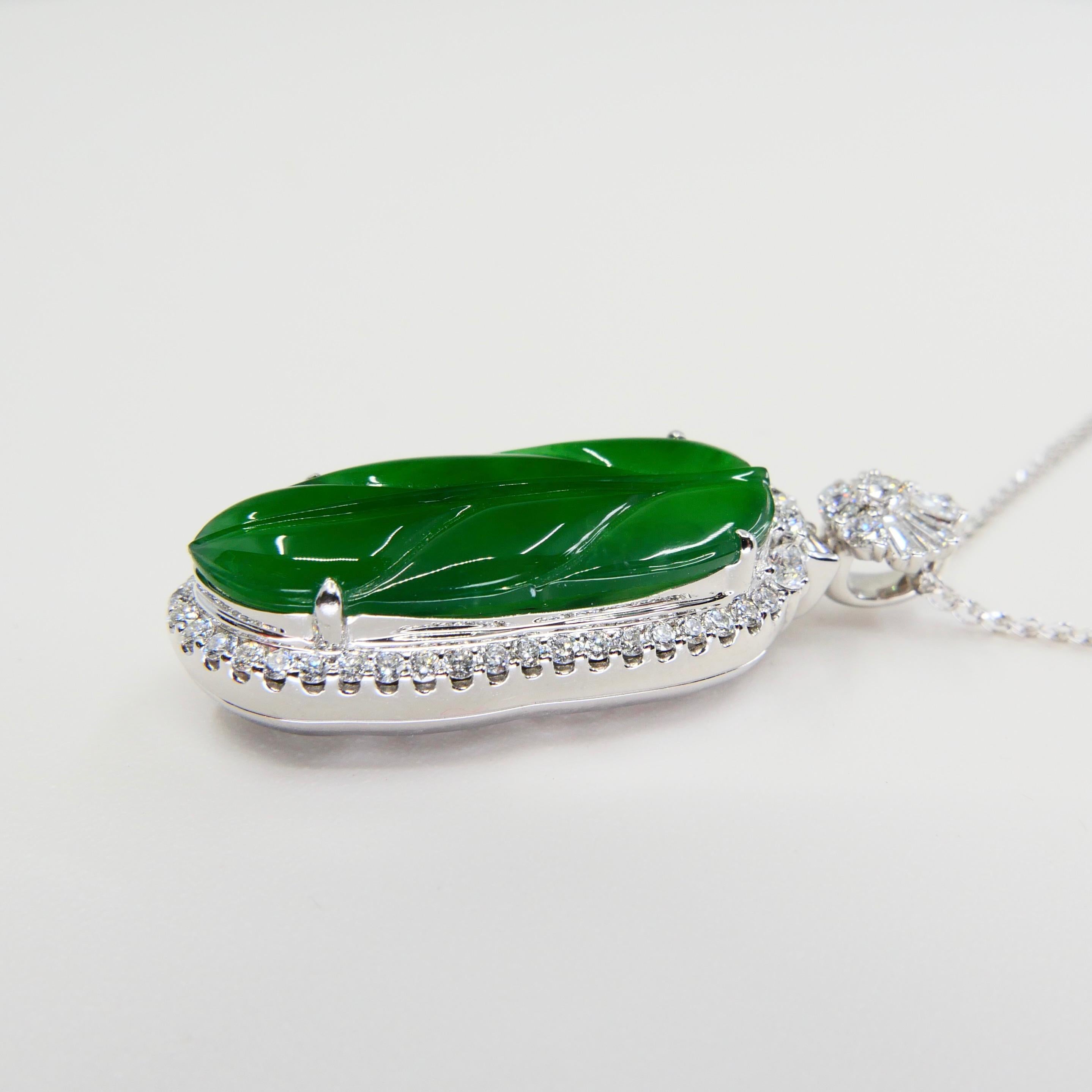Rough Cut Important Certified Imperial Jadeite Jade & Diamond Pendant Necklace, Icy Jade For Sale