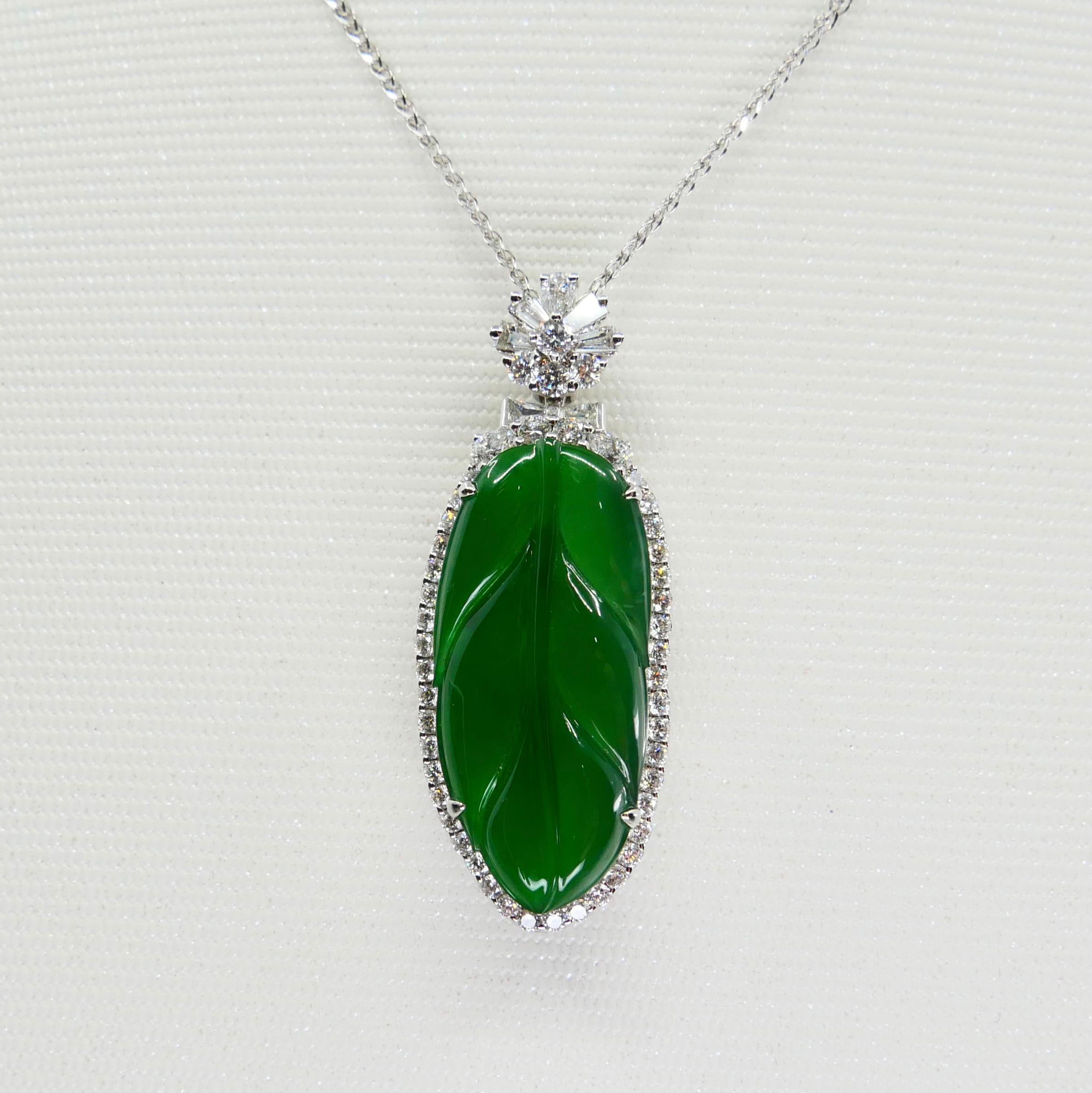Rough Cut Important Certified Imperial Jadeite Jade & Diamond Pendant Necklace, Icy Jade For Sale