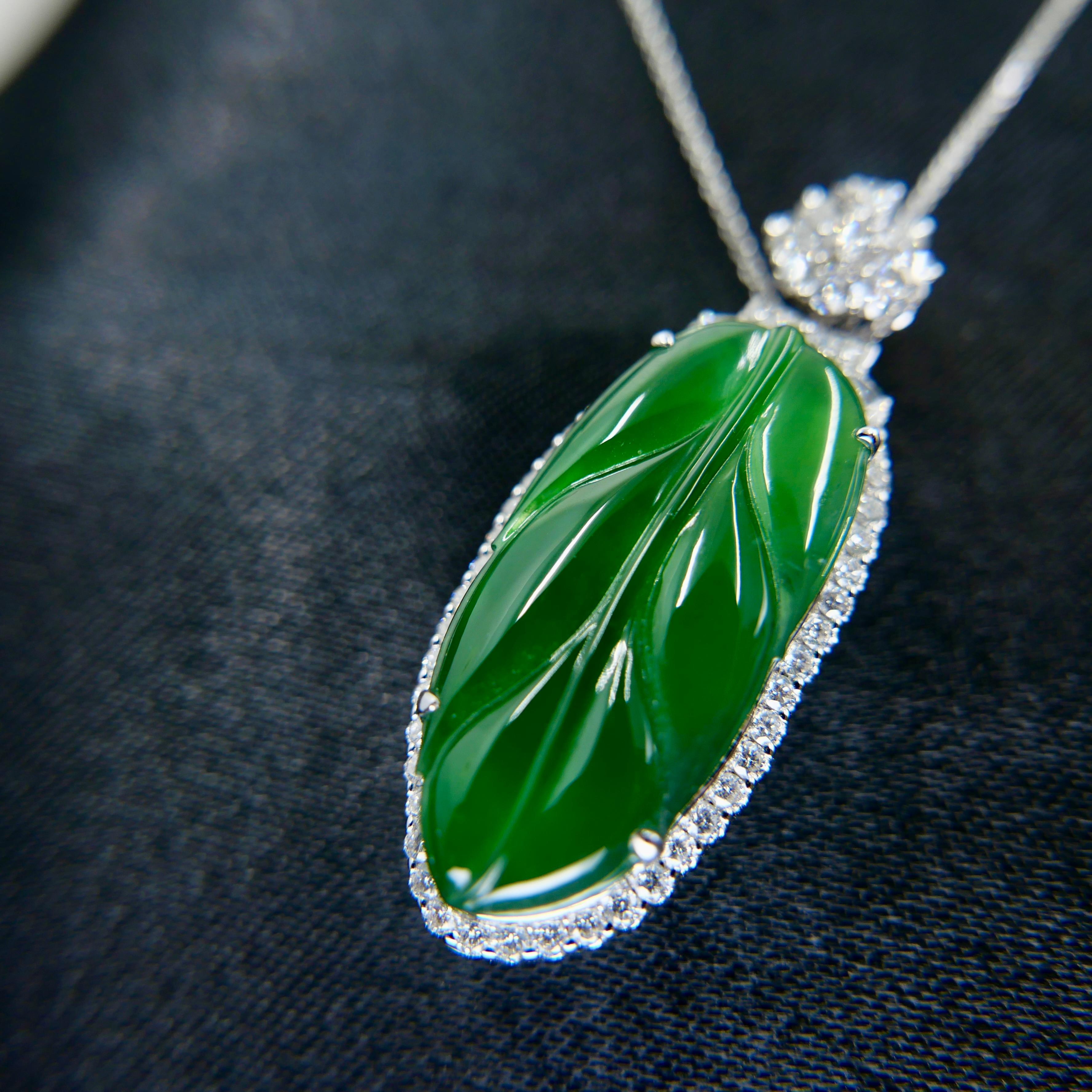 Women's Important Certified Imperial Jadeite Jade & Diamond Pendant Necklace, Icy Jade For Sale