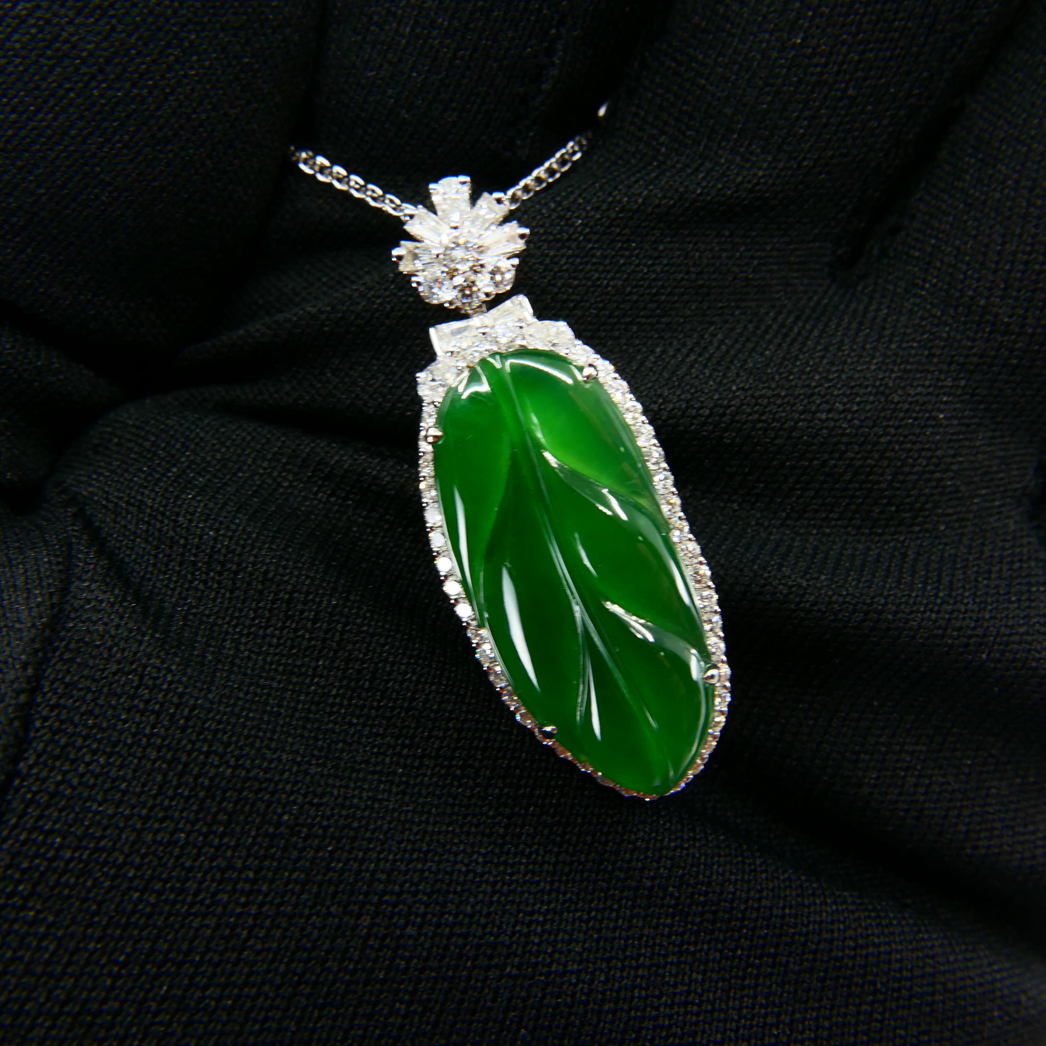 Important Certified Imperial Jadeite Jade & Diamond Pendant Necklace, Icy Jade For Sale 2