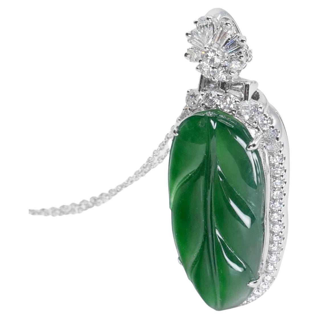 Important Certified Imperial Jadeite Jade & Diamond Pendant Necklace, Icy Jade For Sale