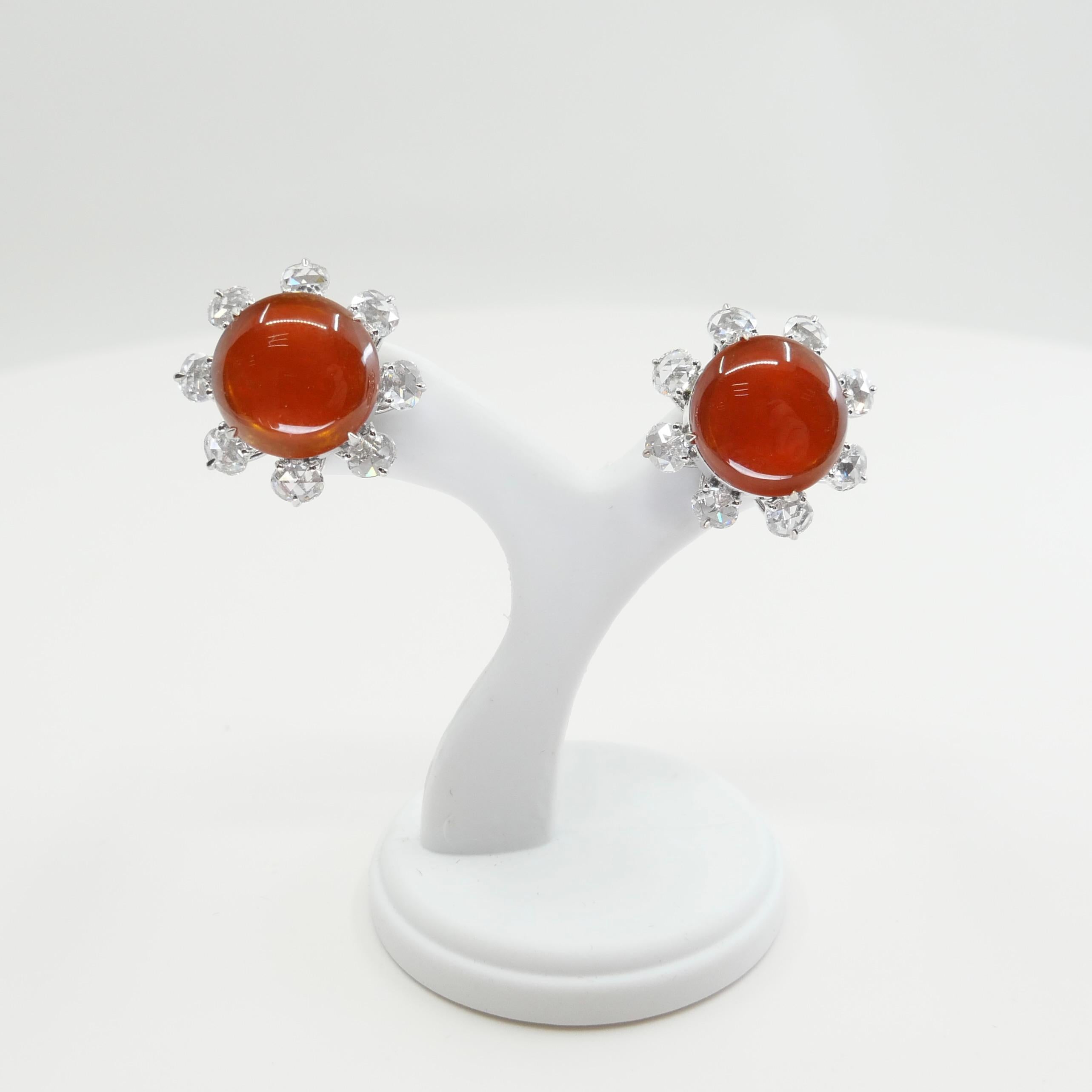 Important Certified Imperial Red Jade & Diamond Stud Earrings, Collector's Item For Sale 7