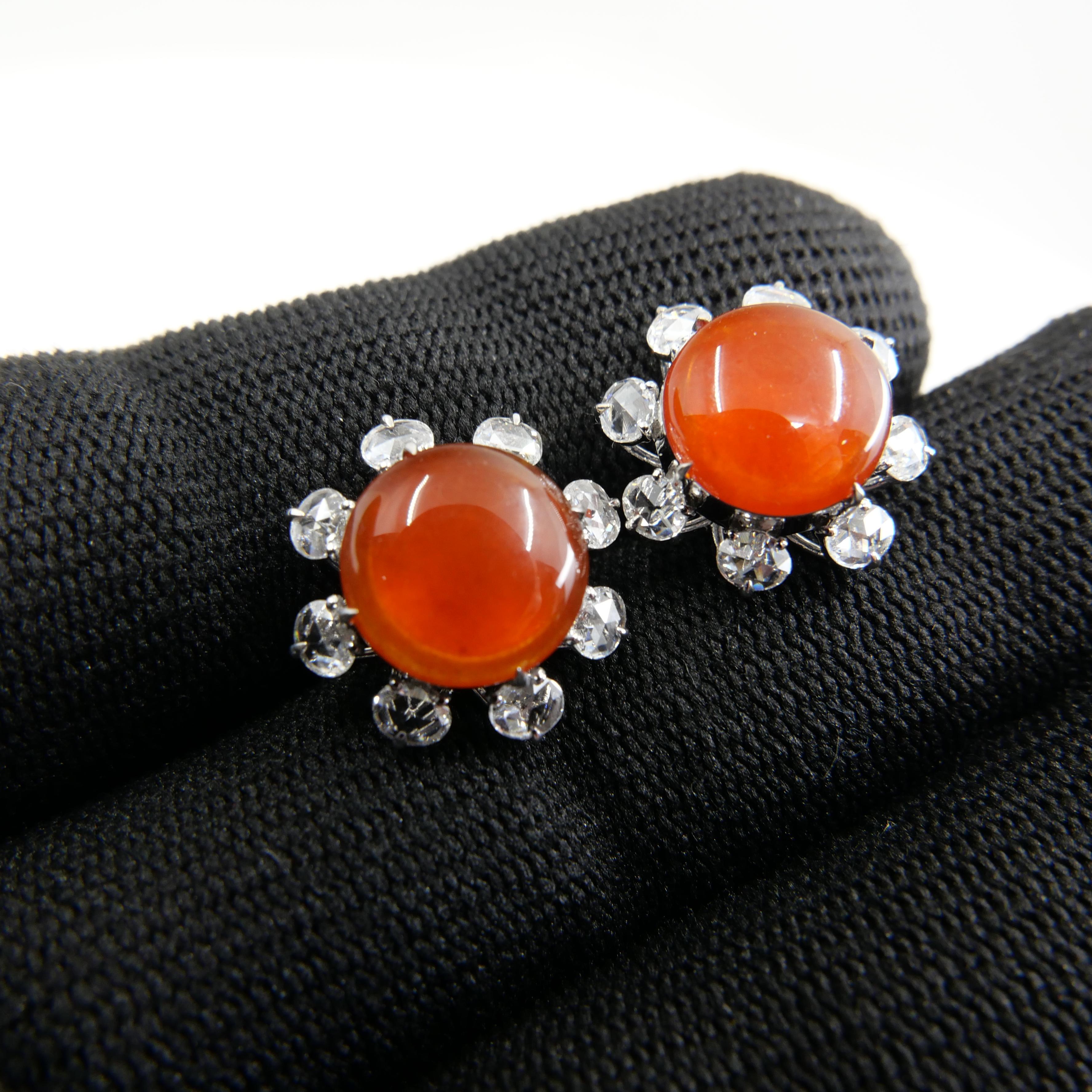 Important Certified Imperial Red Jade & Diamond Stud Earrings, Collector's Item For Sale 11