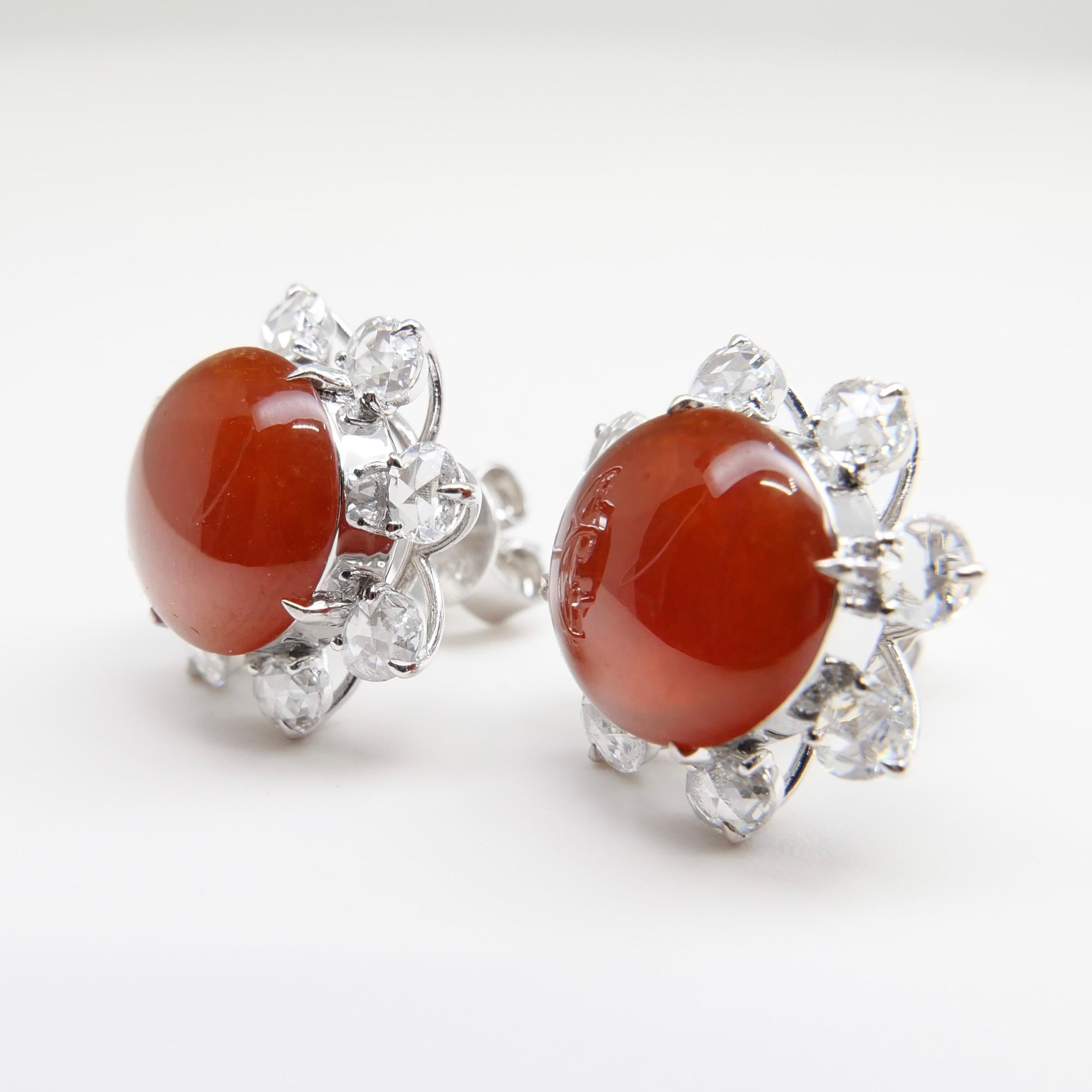 Cabochon Important Certified Imperial Red Jade & Diamond Stud Earrings, Collector's Item For Sale