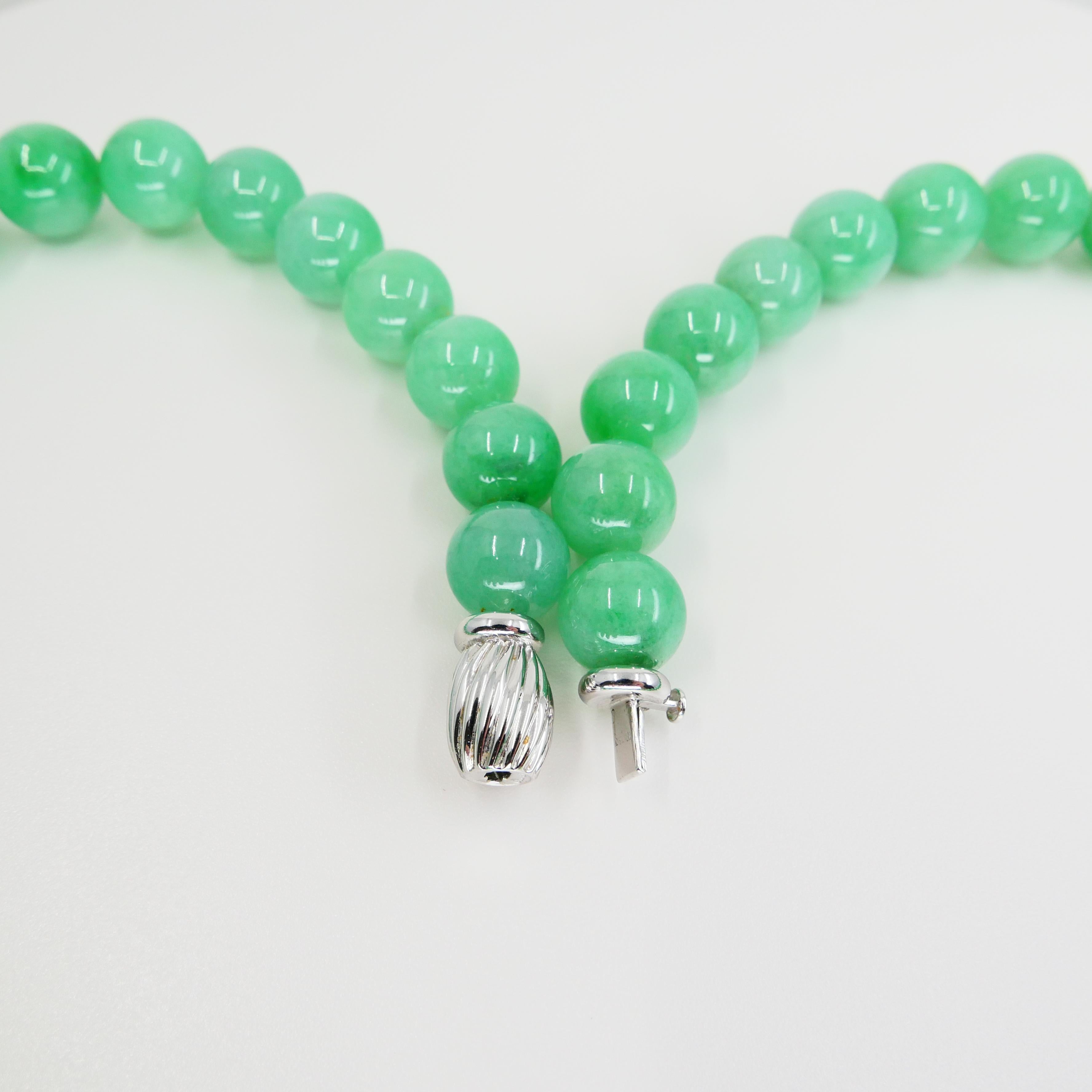 Important Certified Jade Bead (13.9mm) Necklace & Diamond Earrings, Apple Green For Sale 2