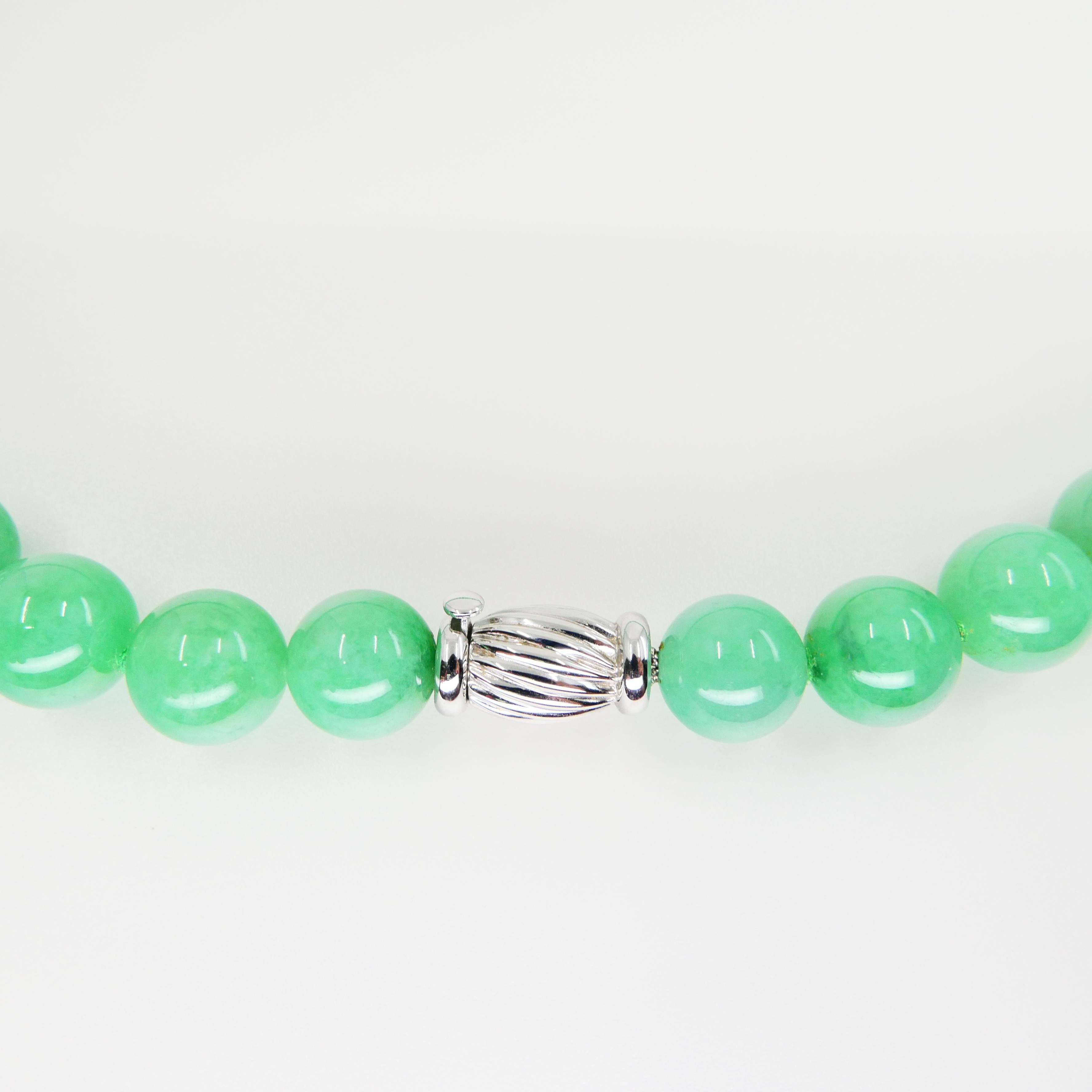 Important Certified Jade Bead (13.9mm) Necklace & Diamond Earrings, Apple Green For Sale 3