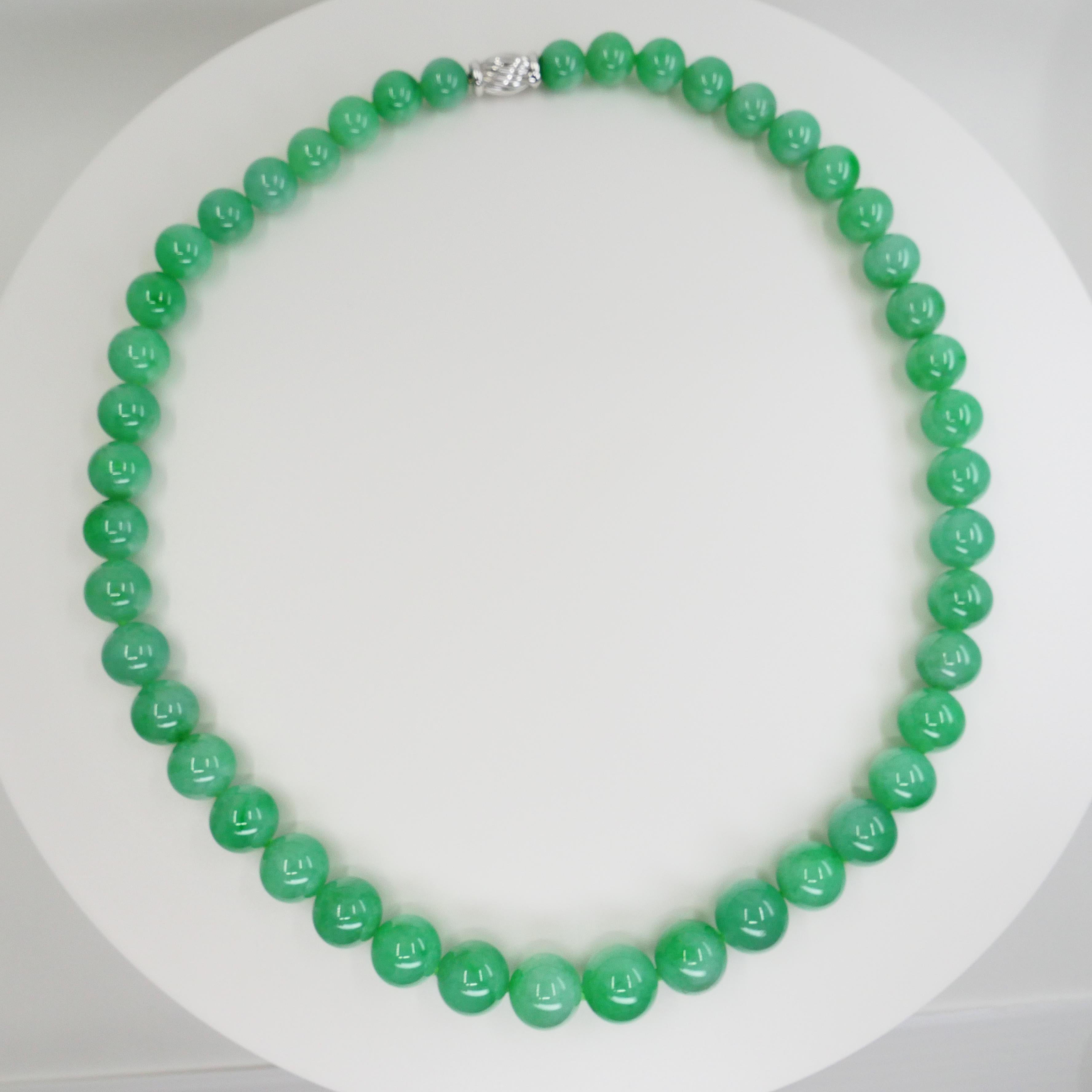 Important Certified Jade Bead (13.9mm) Necklace & Diamond Earrings, Apple Green For Sale 4