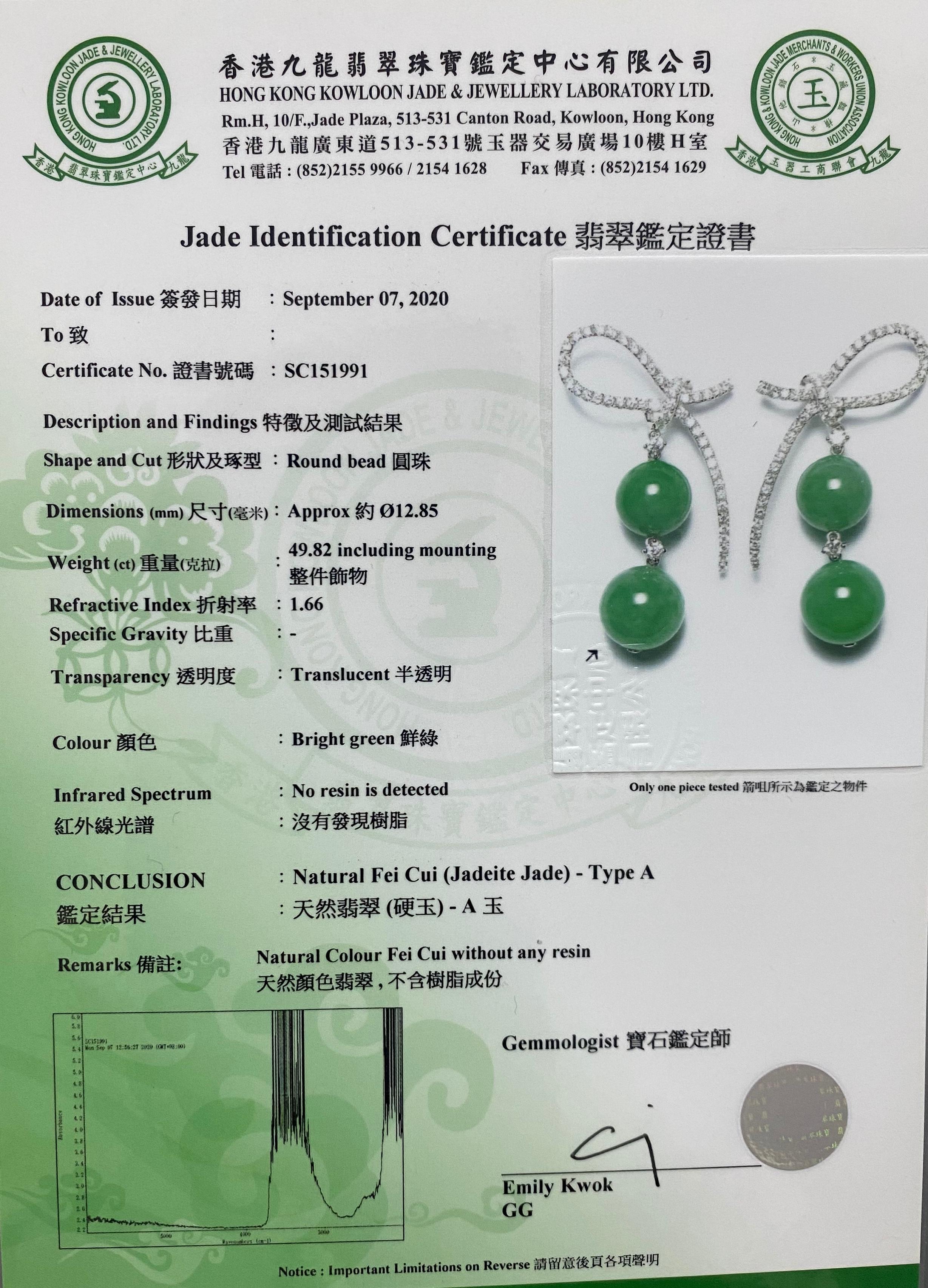 Important Certified Jade Bead (13.9mm) Necklace & Diamond Earrings, Apple Green For Sale 11