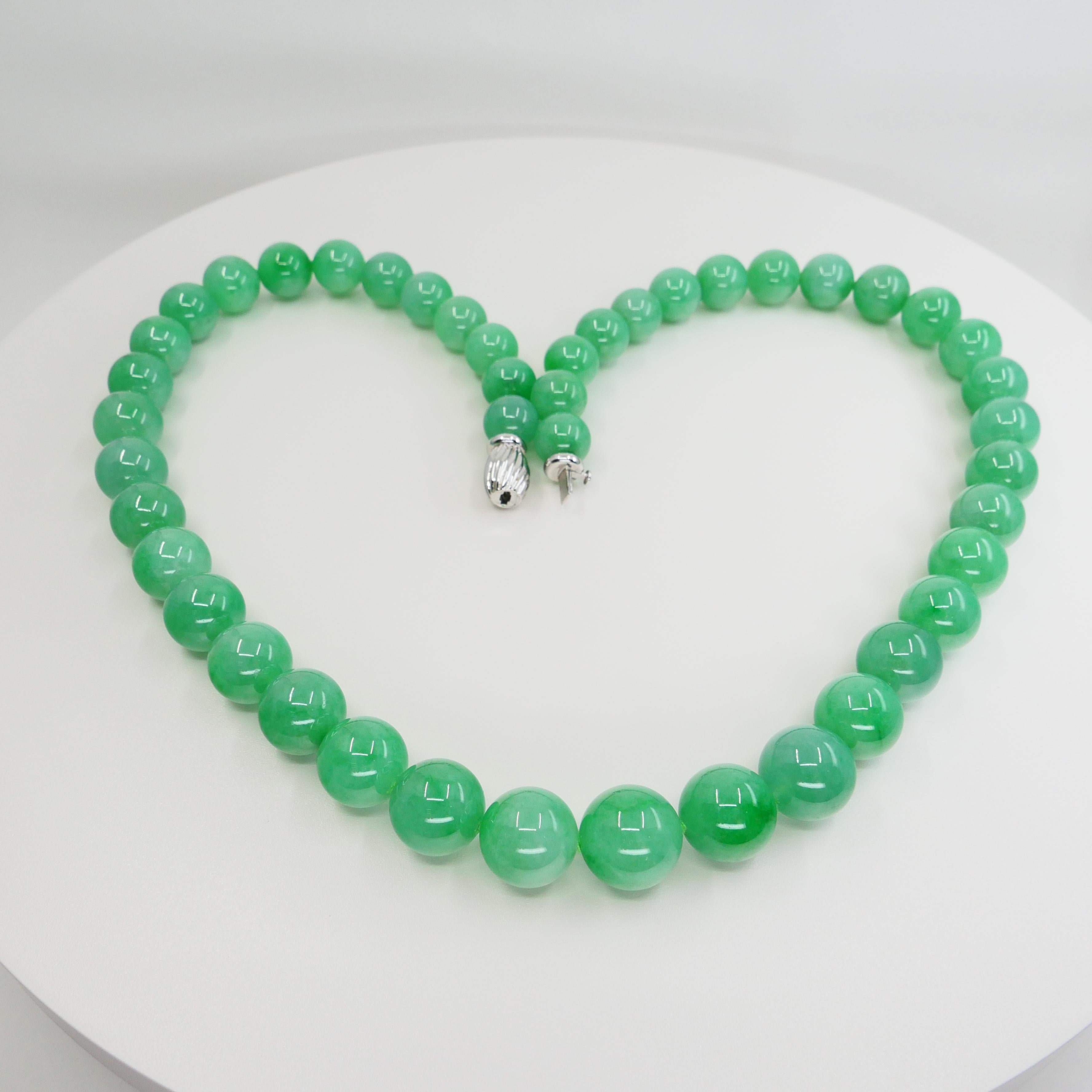 Important Certified Jade Bead (13.9mm) Necklace & Diamond Earrings, Apple Green For Sale 1